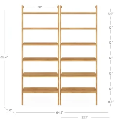 Modern 6-Shelf Wall Mounted Solid Wood Bookcase Warm Pine (Set of 2)