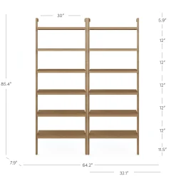 Modern 6-Shelf Wall Mounted Solid Wood Bookcase Light Brown (Set of 2)