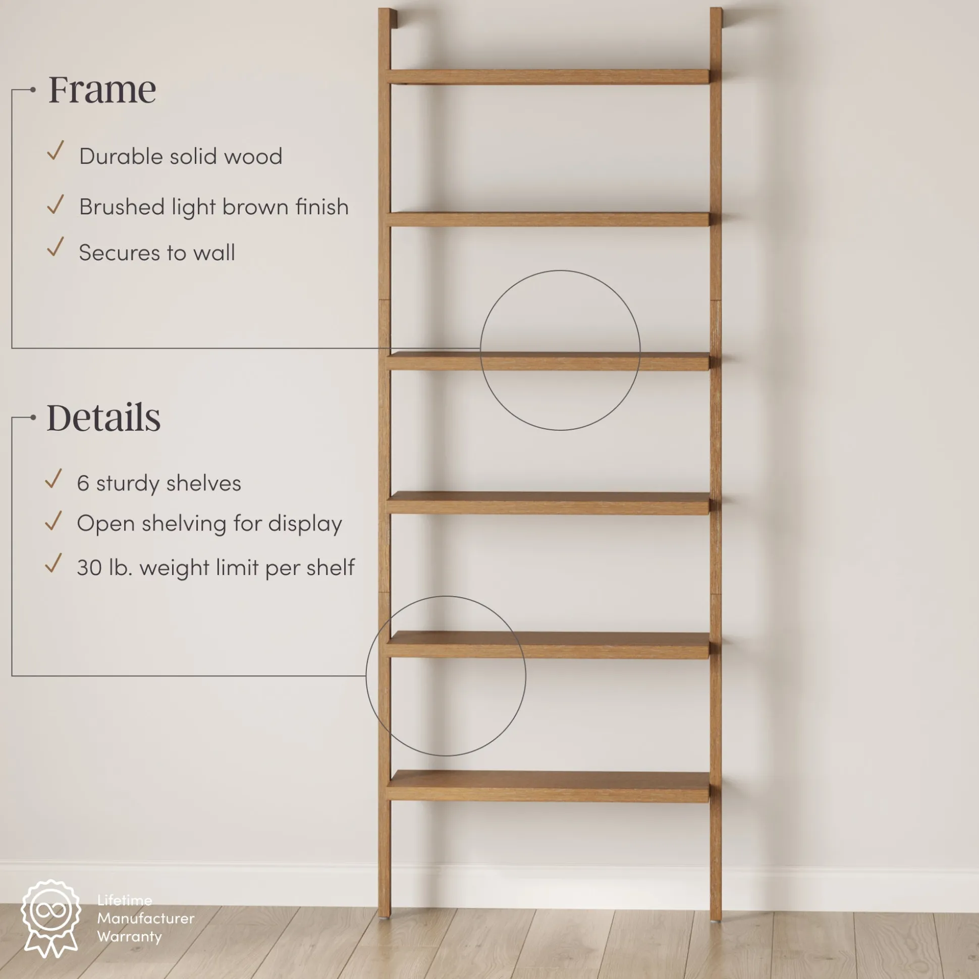 Modern 6-Shelf Wall Mounted Solid Wood Bookcase Light Brown (Set of 3)