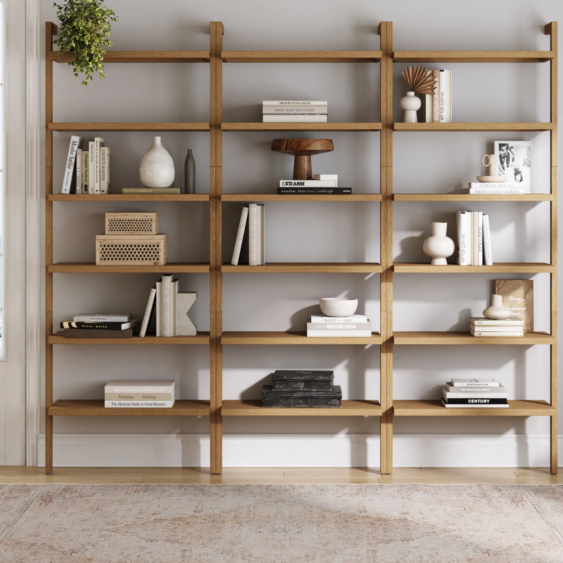 Modern 6-Shelf Wall Mounted Solid Wood Bookcase Light Brown (Set of 3)