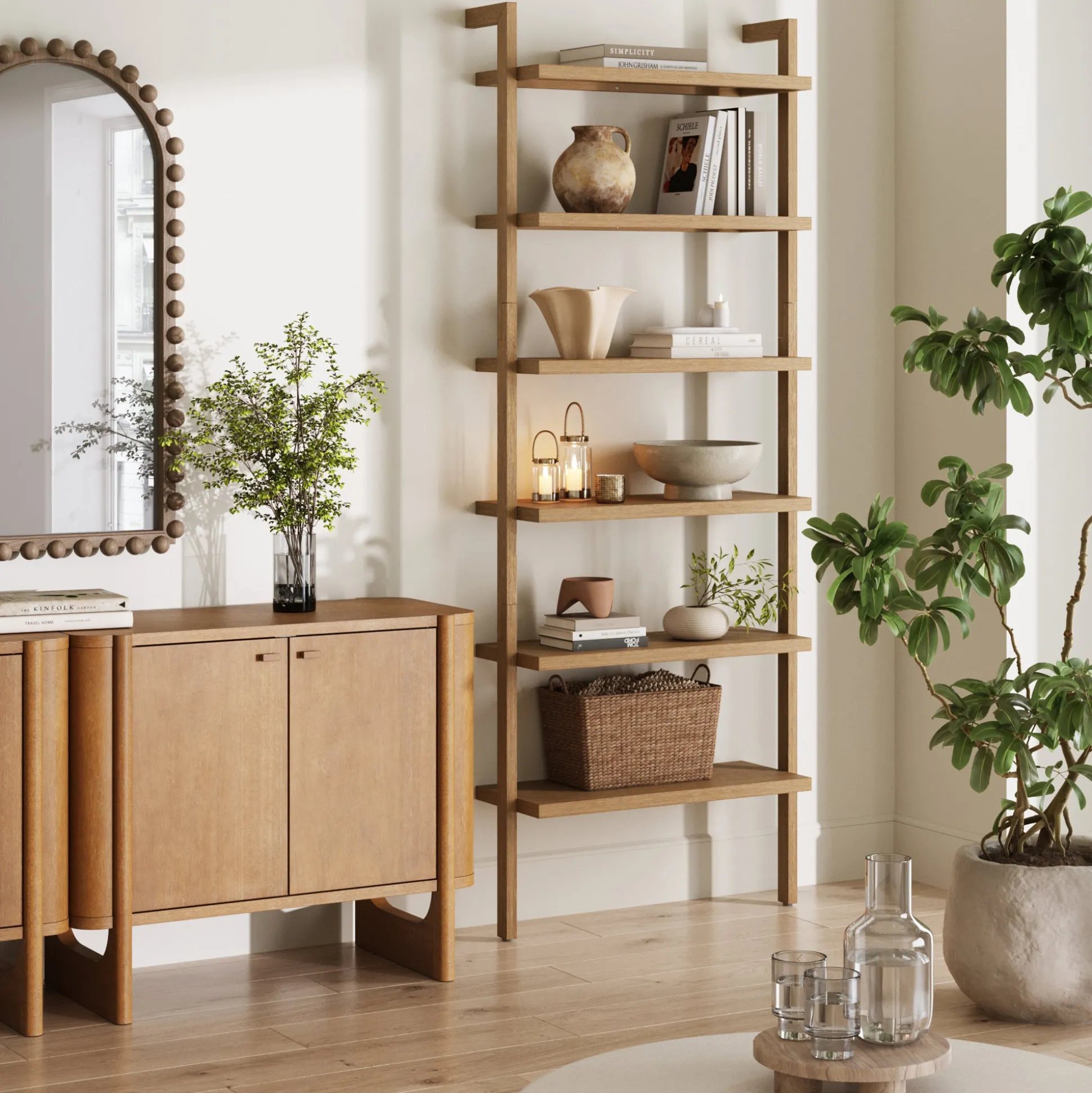 Modern 6-Shelf Wall Mounted Solid Wood Bookcase Light Brown