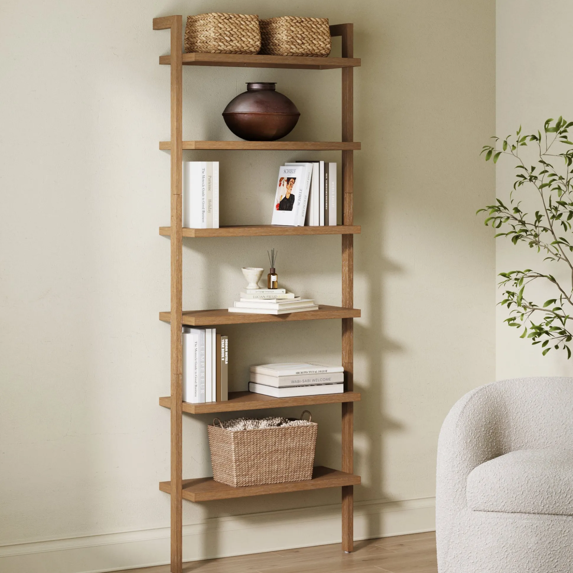 Modern 6-Shelf Wall Mounted Solid Wood Bookcase Light Brown