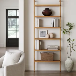 Modern 6-Shelf Wall Mounted Solid Wood Bookcase Warm Pine