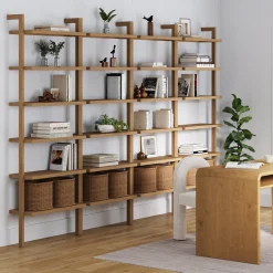 Modern 6-Shelf Wall Mounted Solid Wood Bookcase Light Brown (Set of 4)