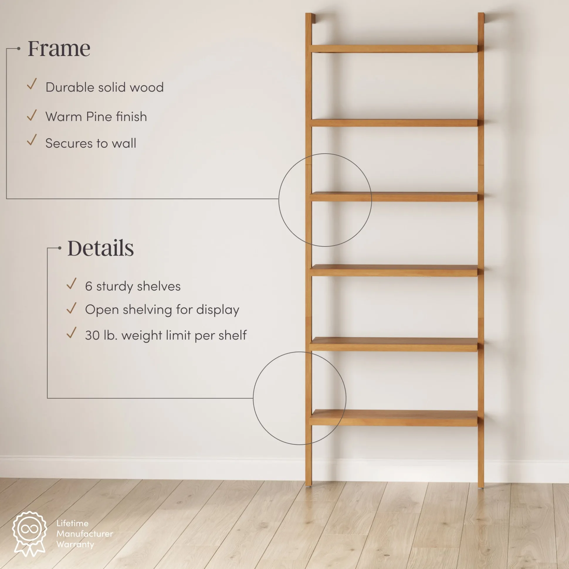 Modern 6-Shelf Wall Mounted Solid Wood Bookcase Warm Pine (Set of 4)