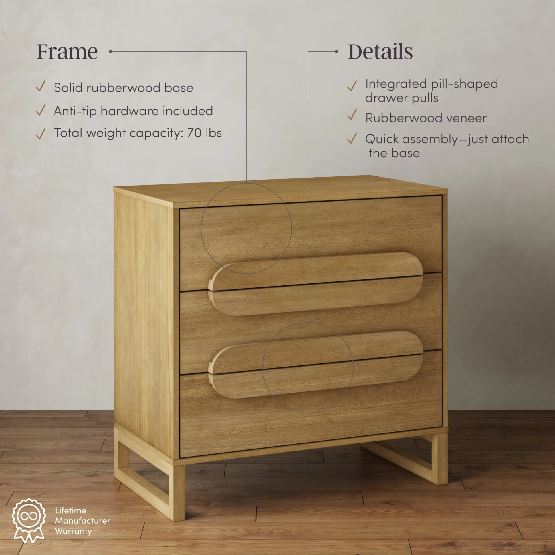 Modern Solid Wood 3-Drawer Dresser with Integrated Handles (Set of 2)