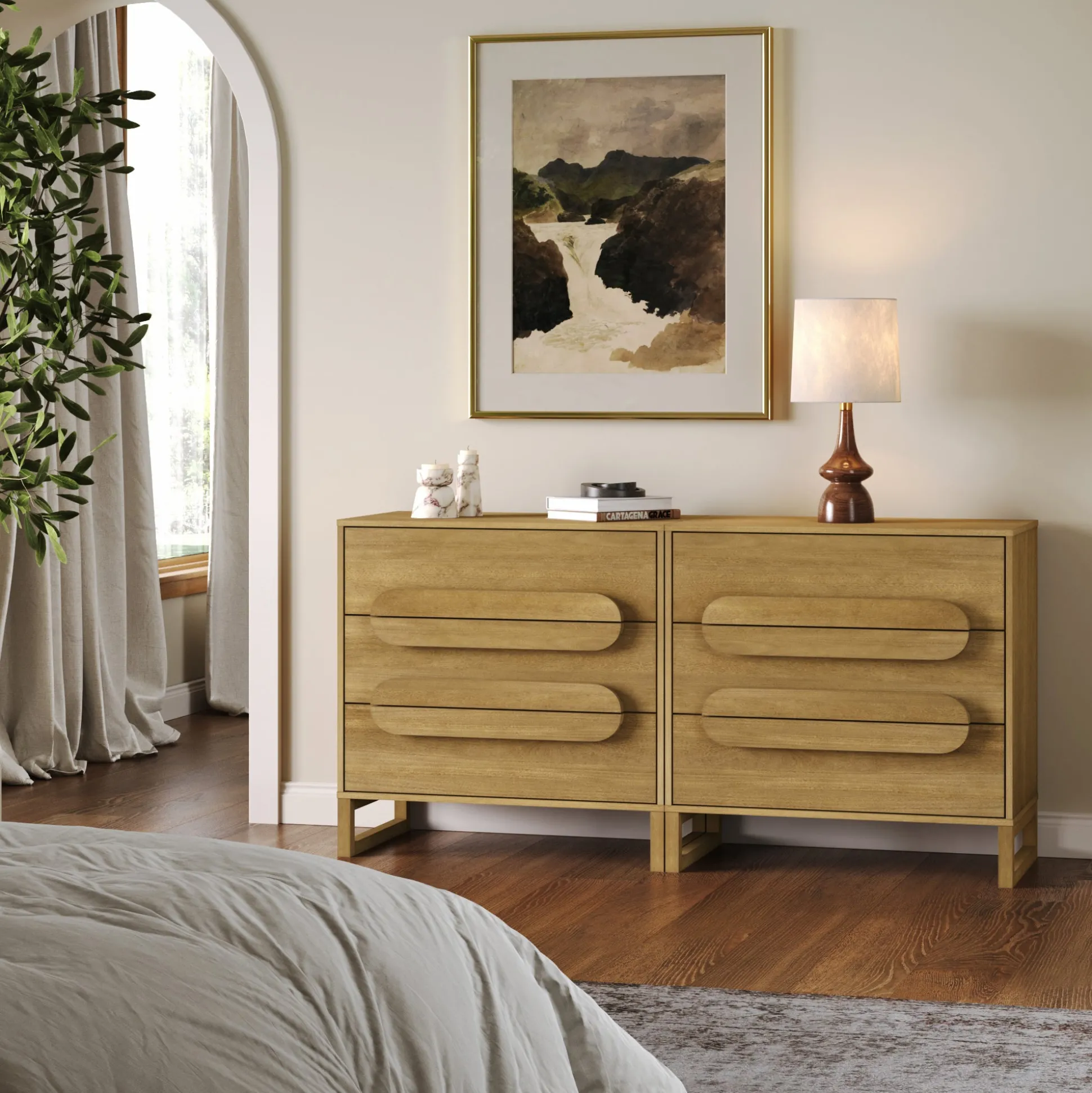 Modern Solid Wood 3-Drawer Dresser with Integrated Handles (Set of 2)