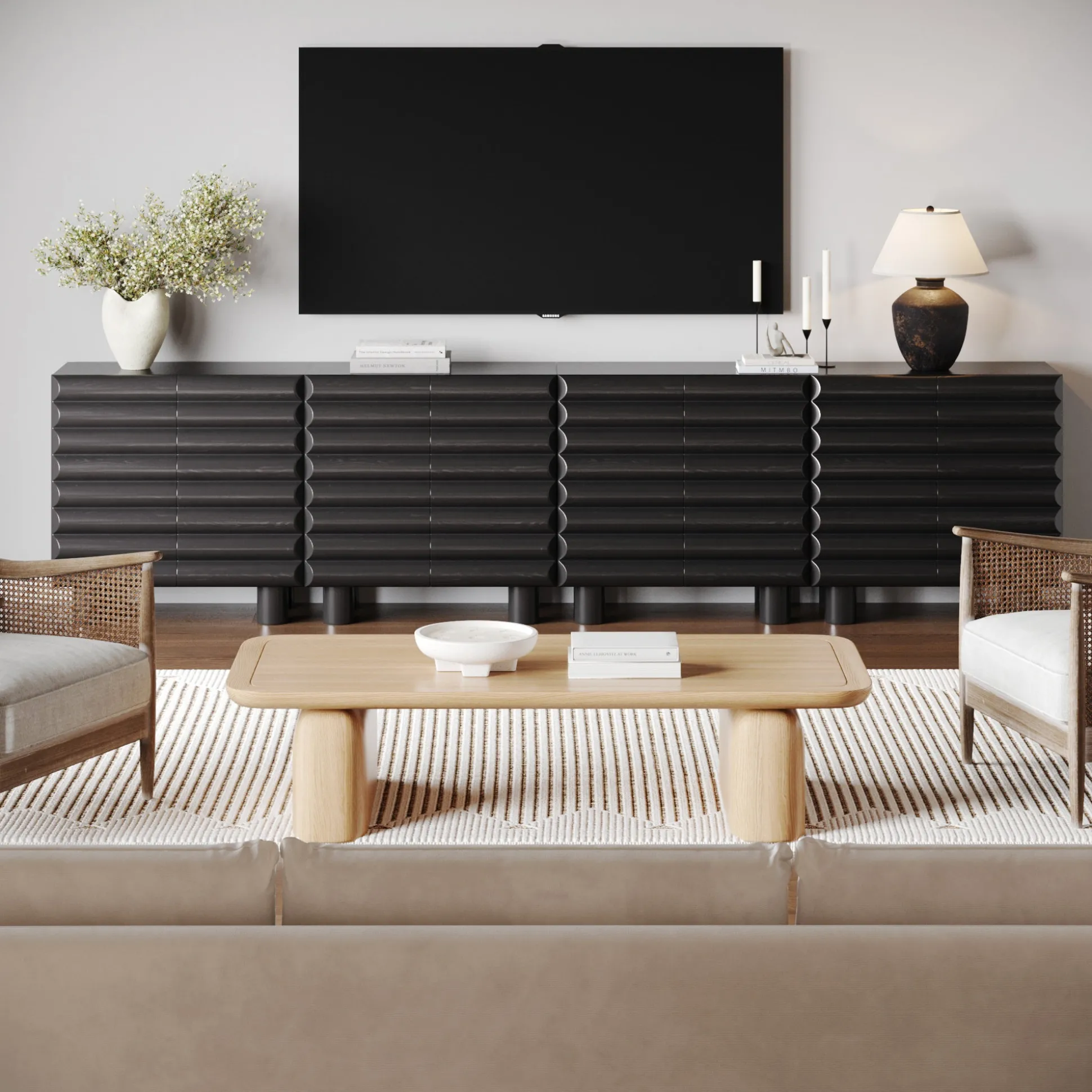 Modern Solid Wood TV Stand Cabinet with Sculpted Door for TVs up to 100"