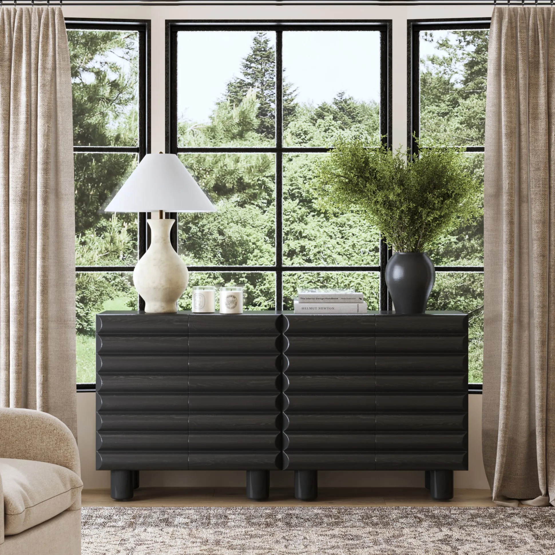 Modern Solid Wood TV Stand Cabinet with Sculpted Door for TVs up to 65"