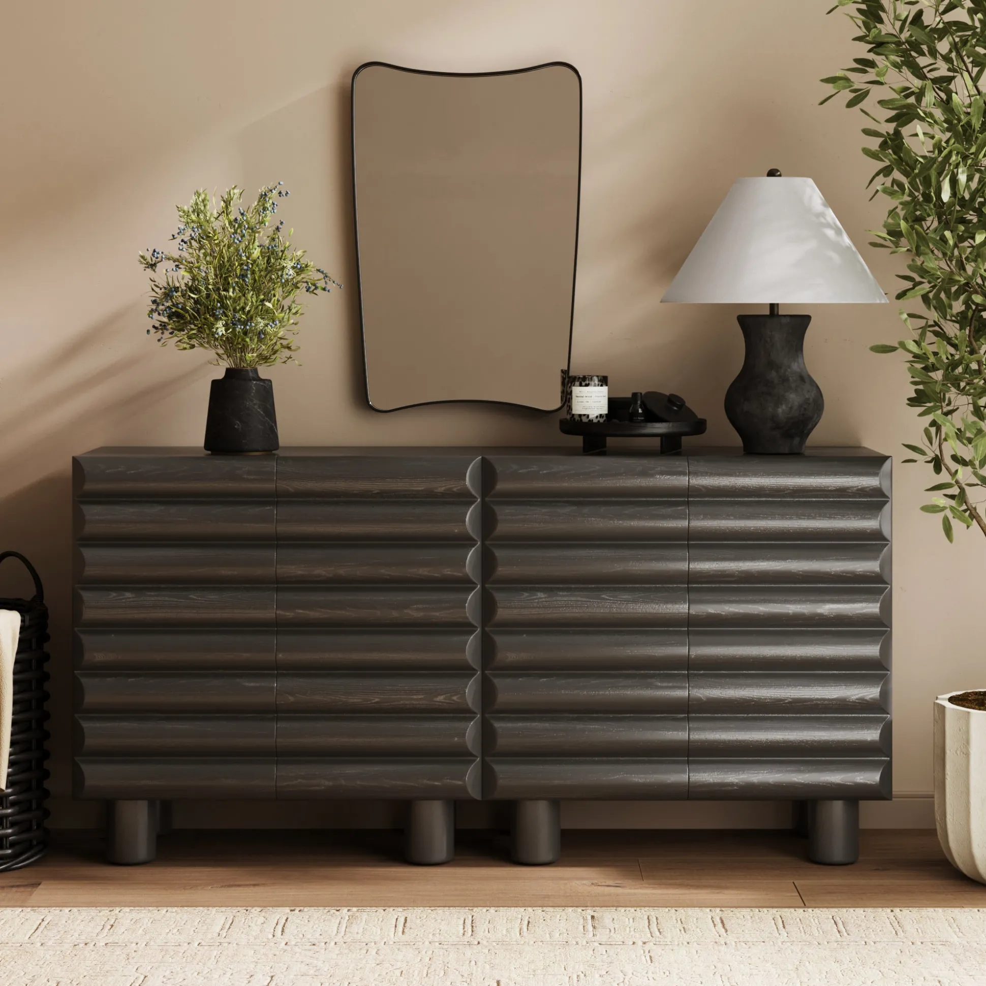 Modern Solid Wood TV Stand Cabinet with Sculpted Door for TVs up to 65"