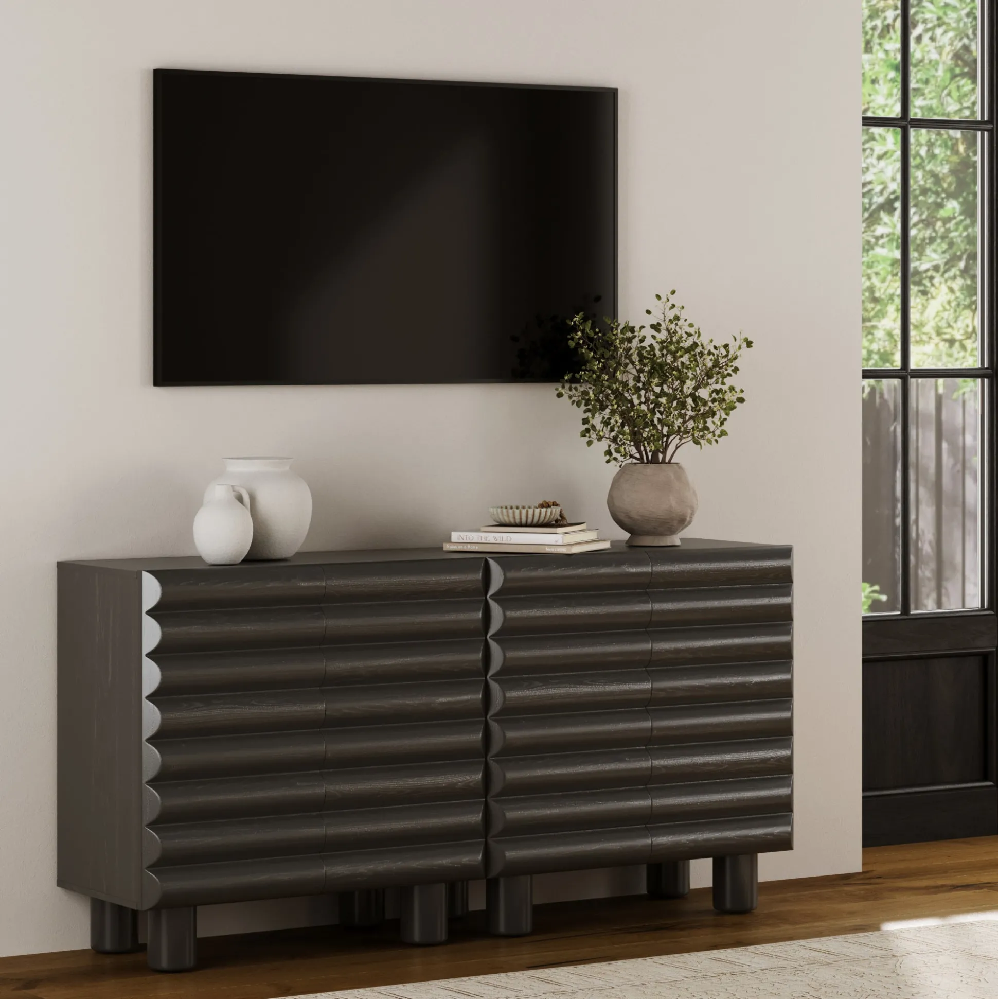 Modern Solid Wood TV Stand Cabinet with Sculpted Door for TVs up to 65"