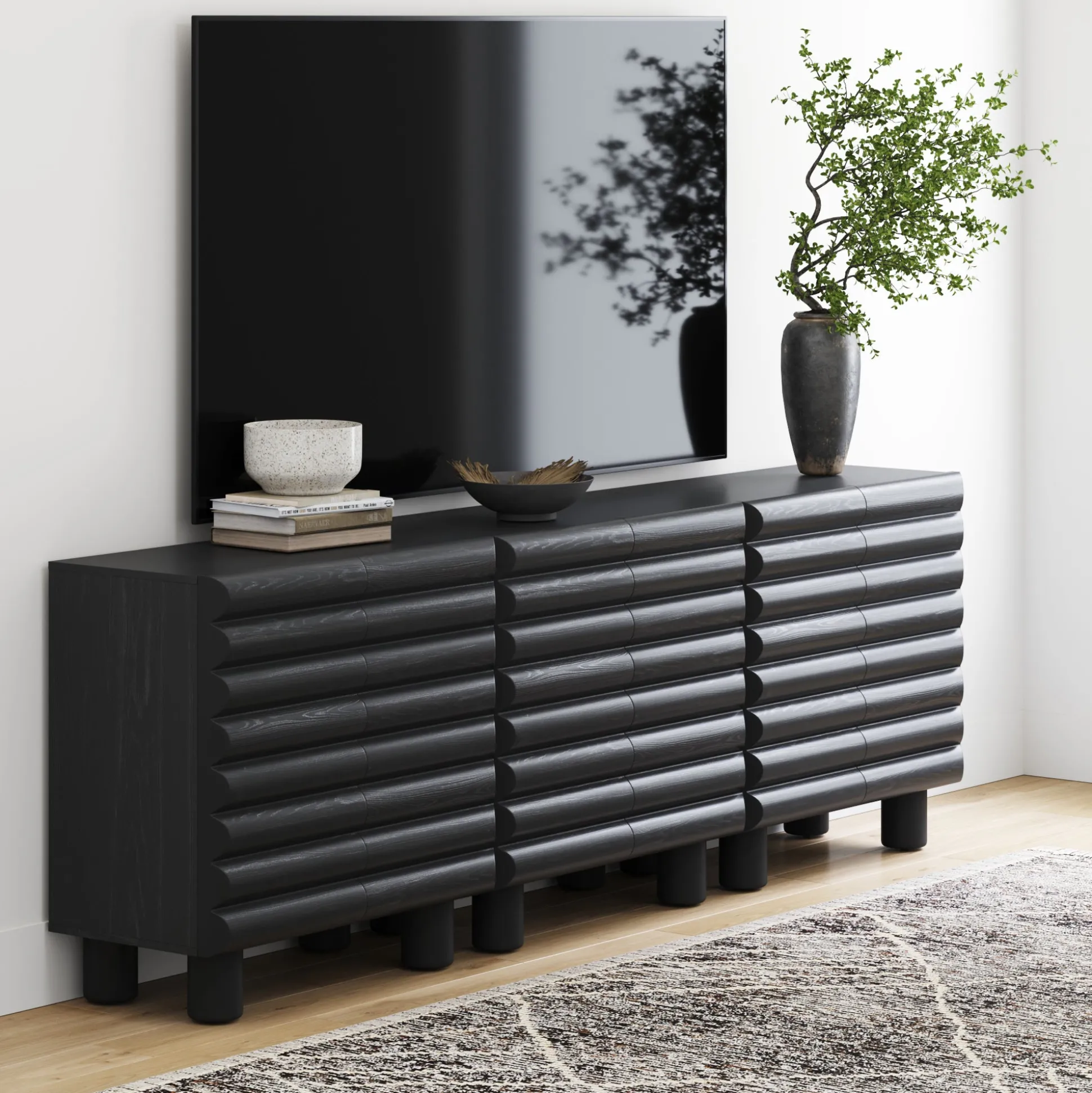 Modern Solid Wood TV Stand Cabinet with Sculpted Door for TVs up to 75"