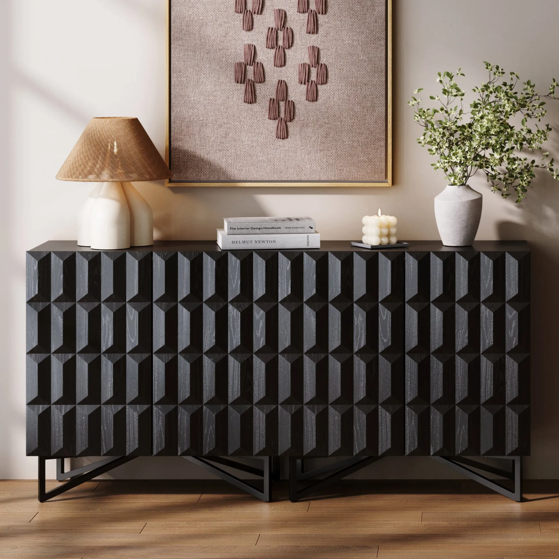 Modern TV Console with Textured Front for TVs up to 65" Black Oak