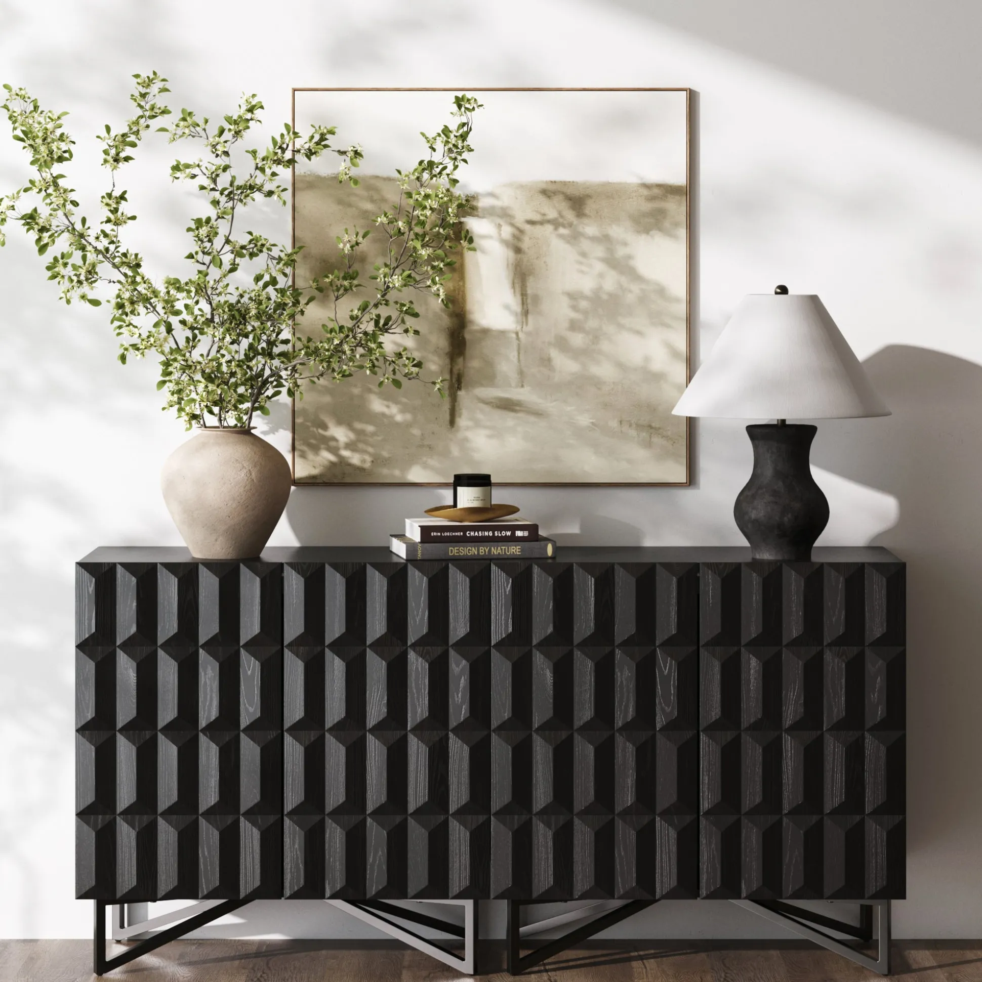 Modern TV Console with Textured Front for TVs up to 65" Black Oak