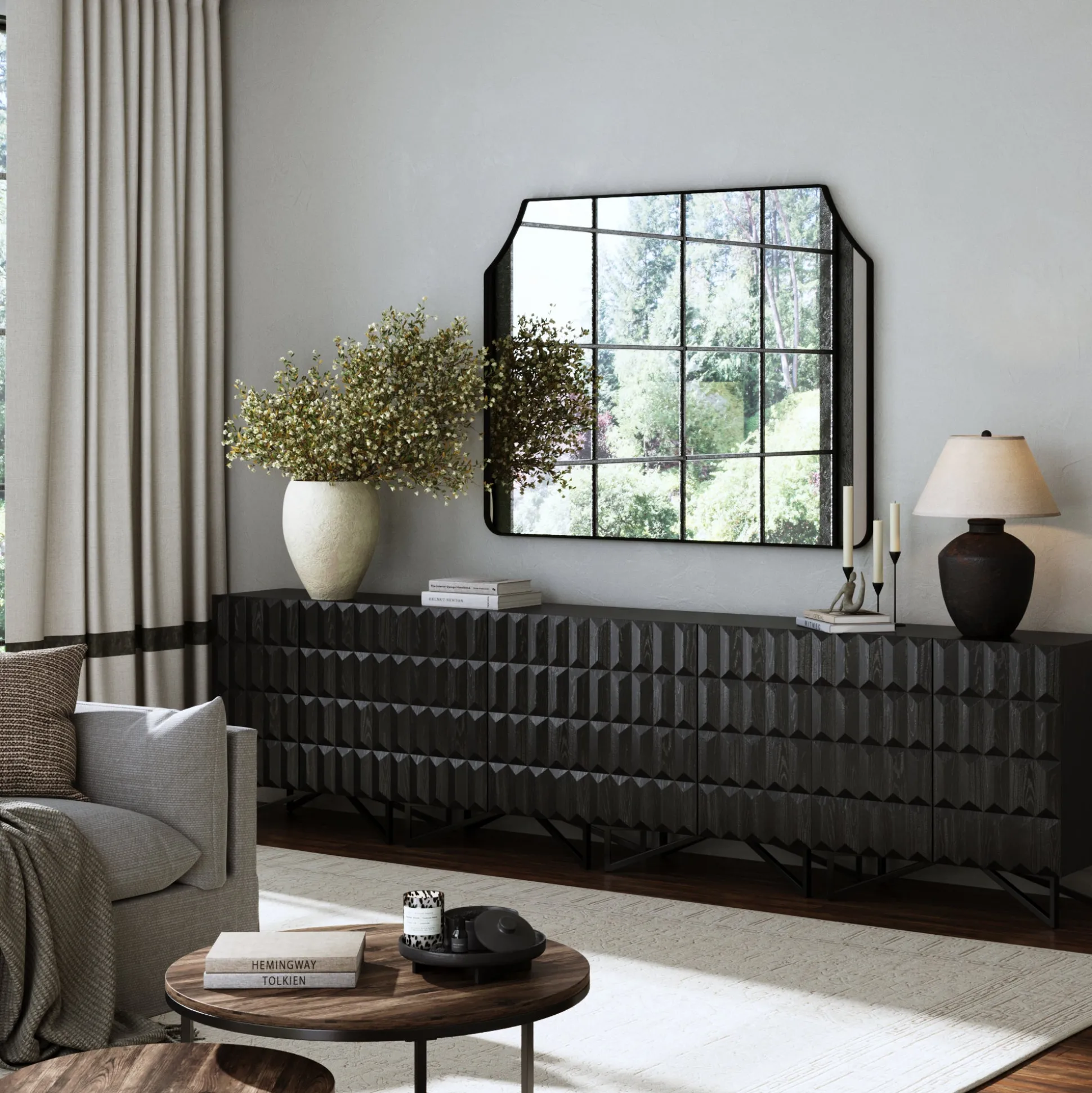 Modern TV Console with Textured Front for TVs up to 100" Black Oak
