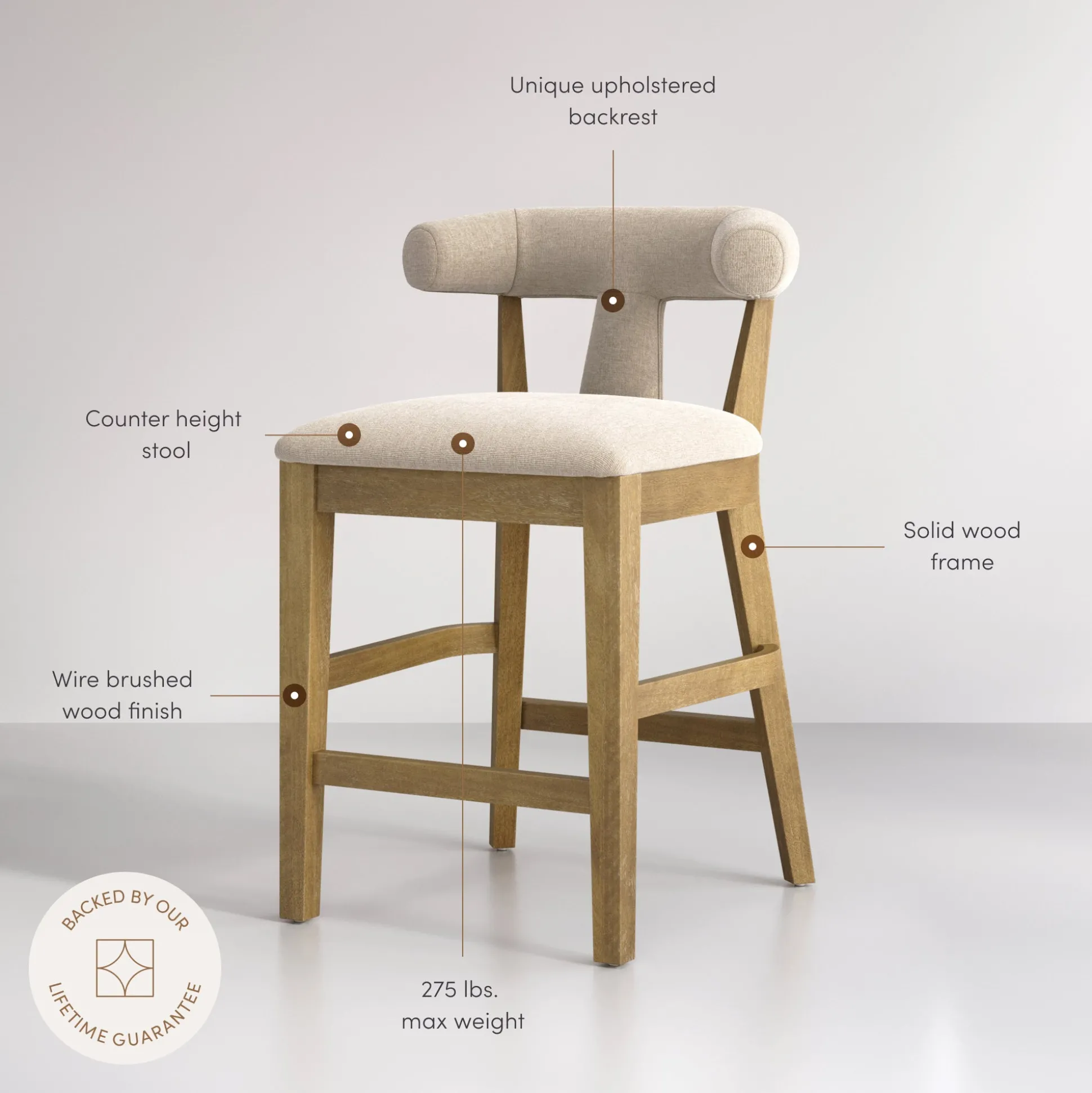 Modern Upholstered Bar Stool with Back Light Brown