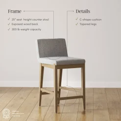 Modern Upholstered Counter Height Bar Stool w/ Back Gray
