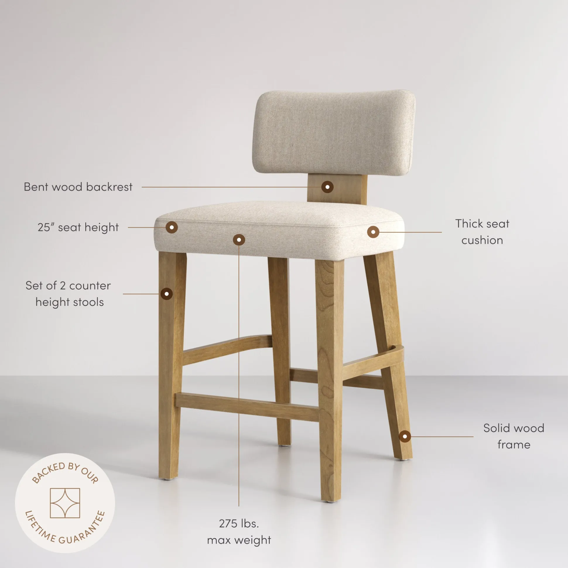 Modern Upholstered Stool with Bent Wood Back Flax/Light Brown (Set of 4)