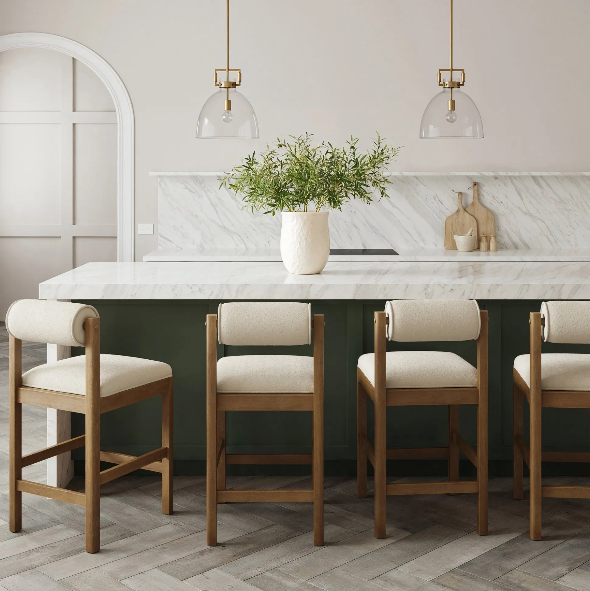 Modern Wood & Boucle Bar Stool with Bolster Back Cream/Light Brown (Set of 4)