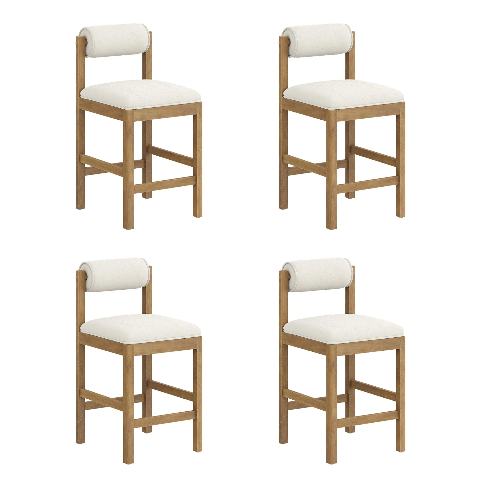 Modern Wood & Boucle Bar Stool with Bolster Back Cream/Light Brown (Set of 4)