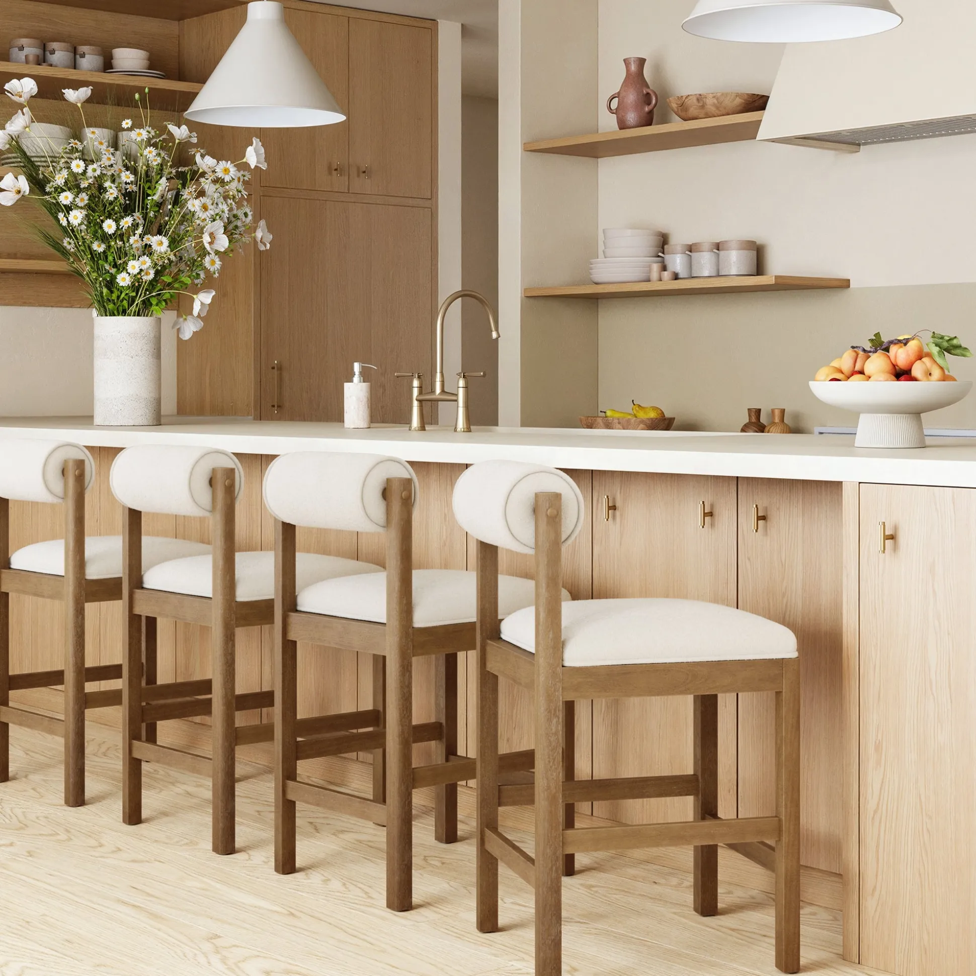Modern Wood & Boucle Bar Stool with Bolster Back Cream/Light Brown (Set of 4)