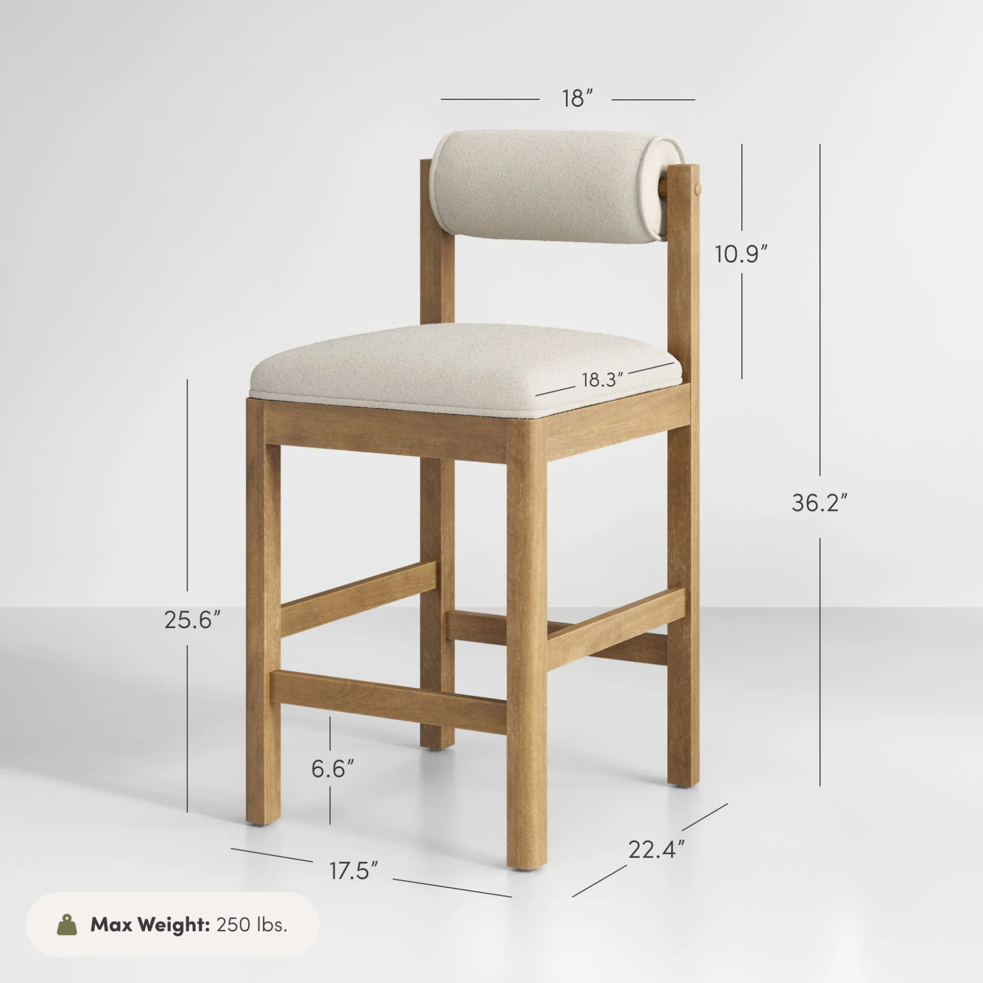 Modern Wood & Boucle Bar Stool with Bolster Back Cream/Light Brown (Set of 3)