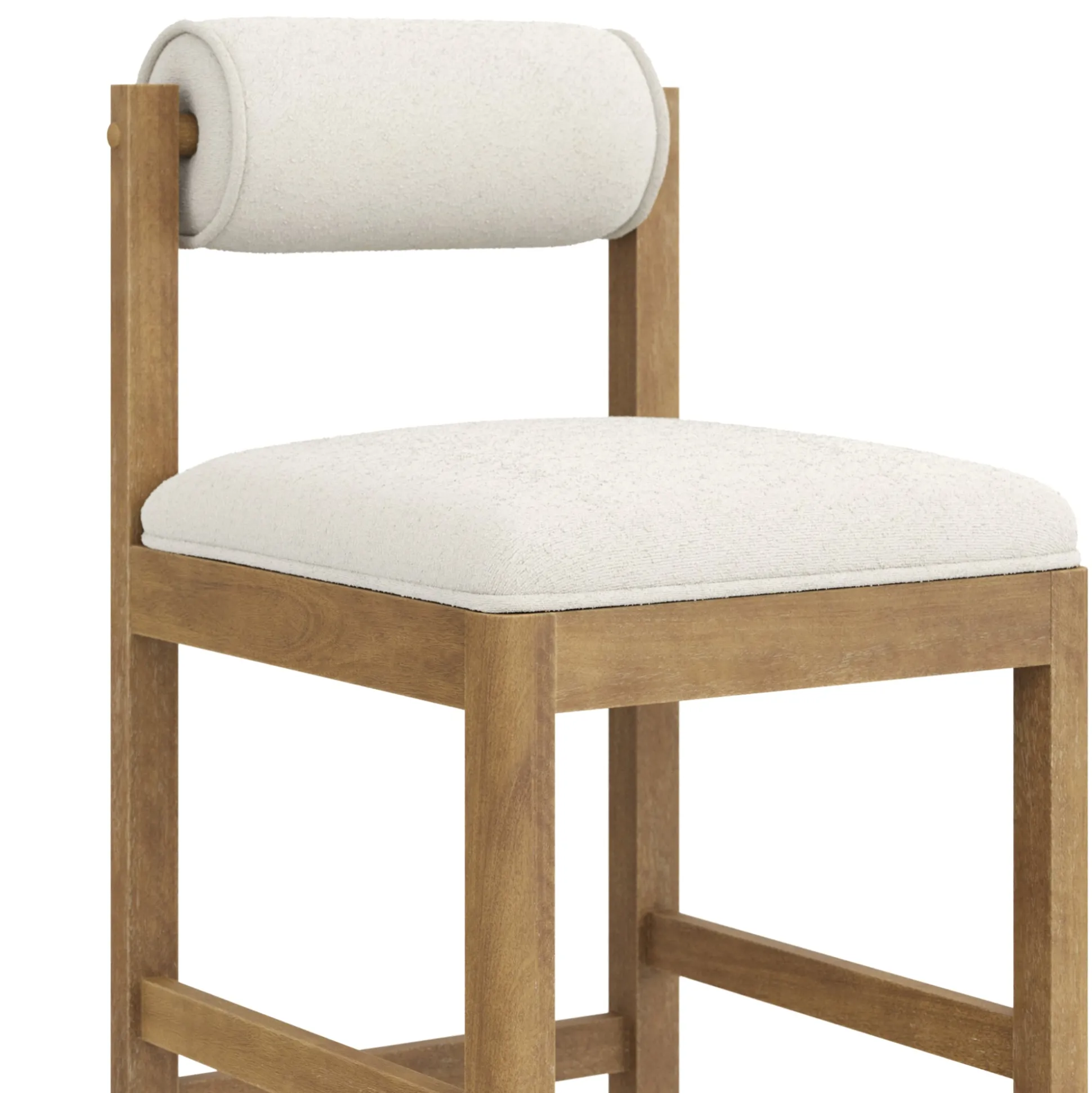 Modern Wood & Boucle Bar Stool with Bolster Back Cream/Light Brown (Set of 3)