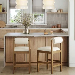 Modern Wood & Boucle Bar Stool with Bolster Back Cream/Light Brown (Set of 2)