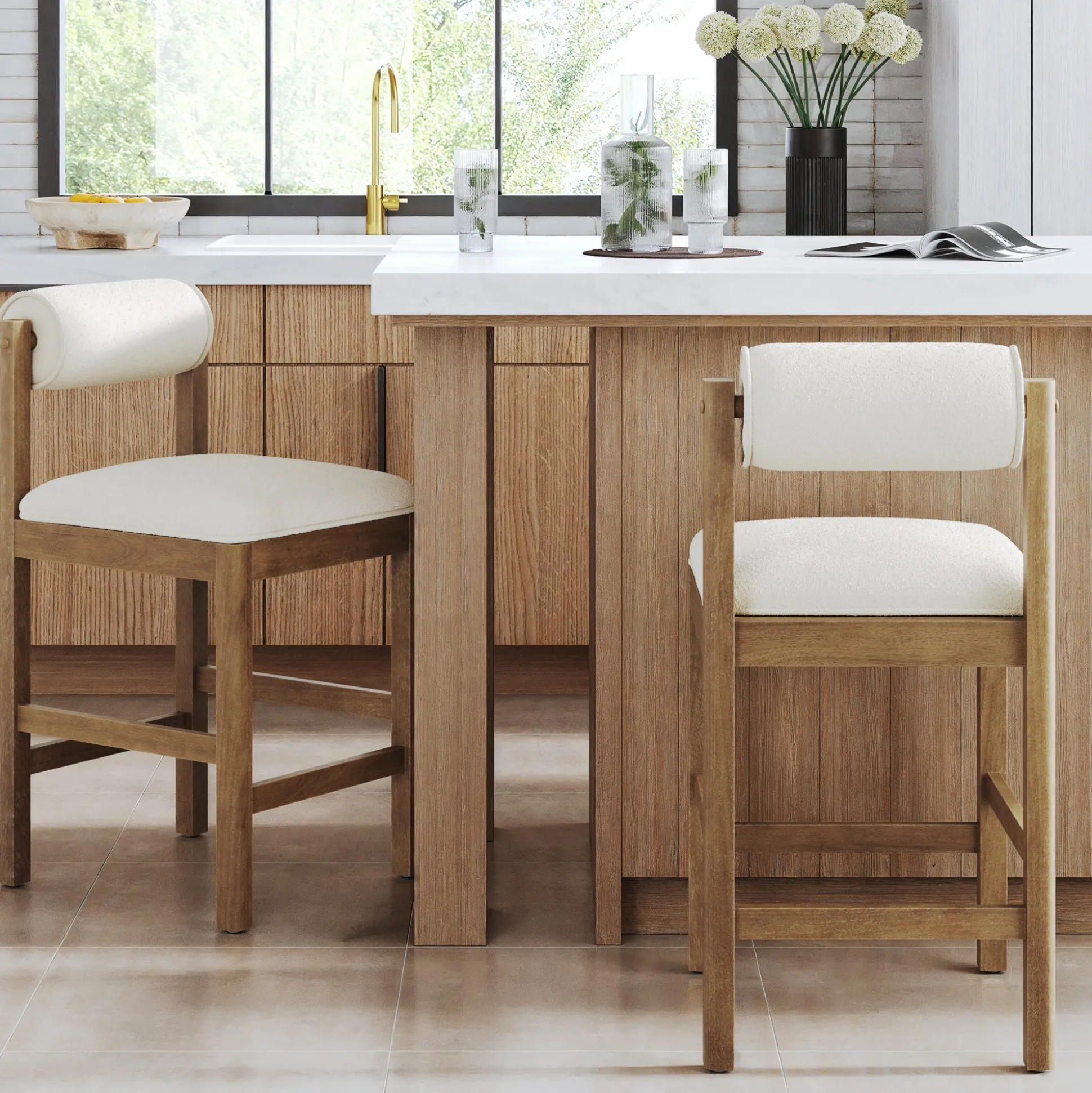 Modern Wood & Boucle Bar Stool with Bolster Back Cream/Light Brown (Set of 2)