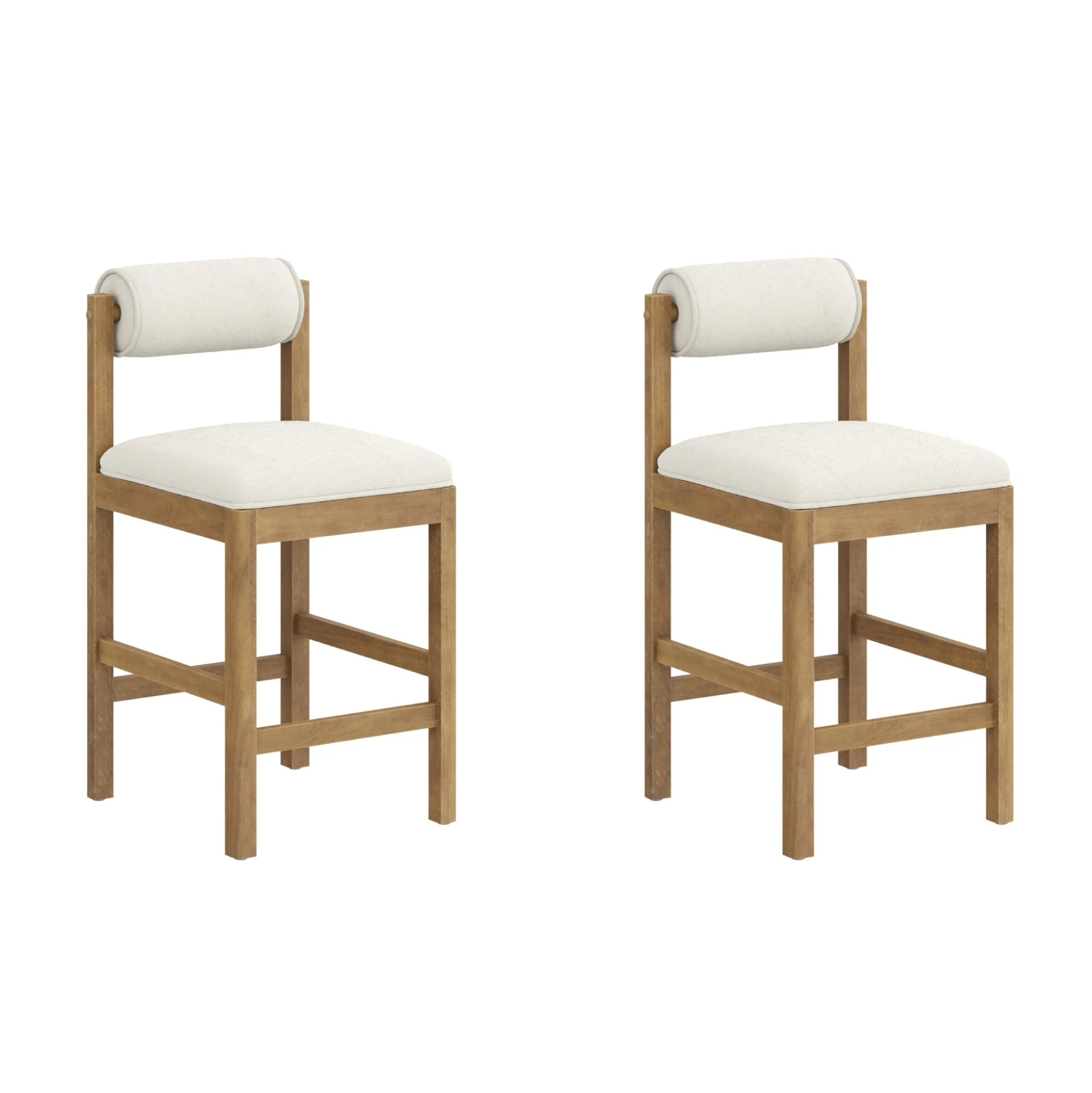 Modern Wood & Boucle Bar Stool with Bolster Back Cream/Light Brown (Set of 2)