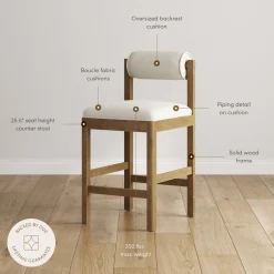 Modern Wood & Boucle Bar Stool with Bolster Back Cream/Light Brown