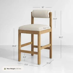 Modern Wood & Boucle Bar Stool with Bolster Back Cream/Light Brown