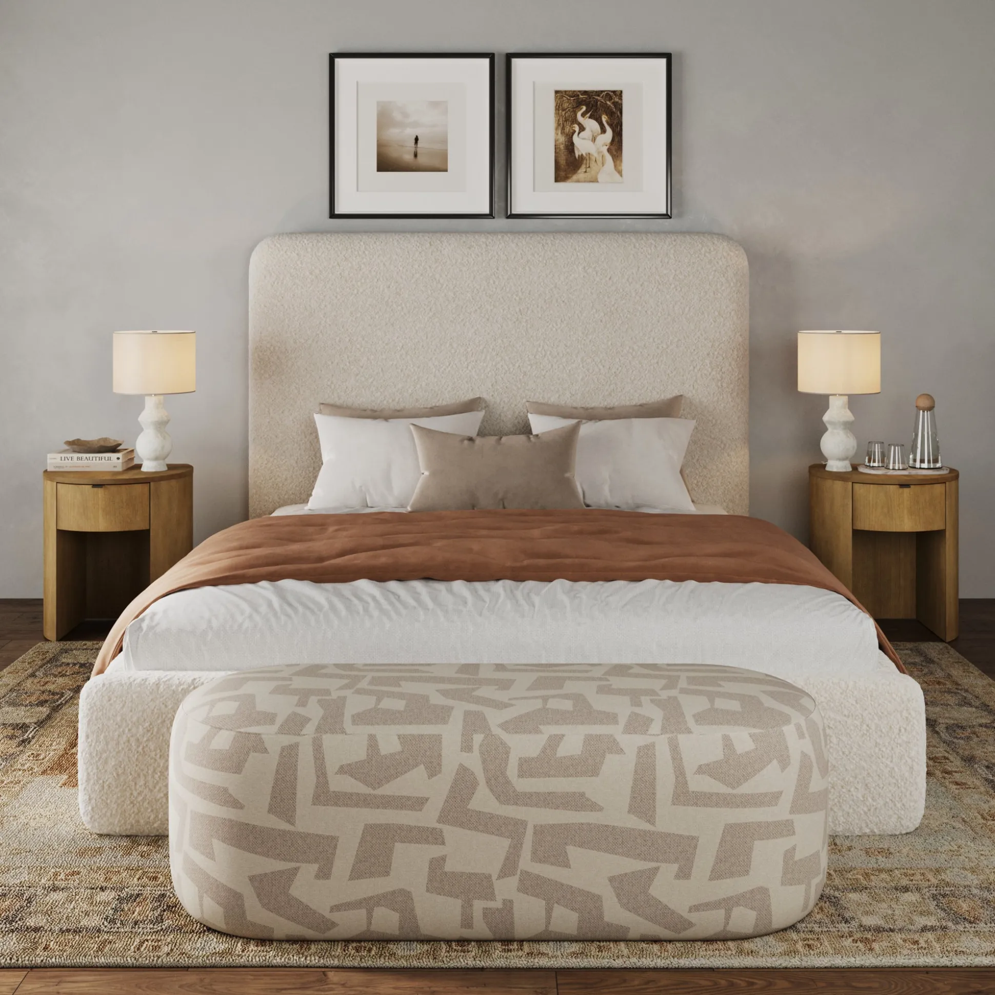Modern Wood Curved Nightstand with Drawer Light Brown (Set of 2)