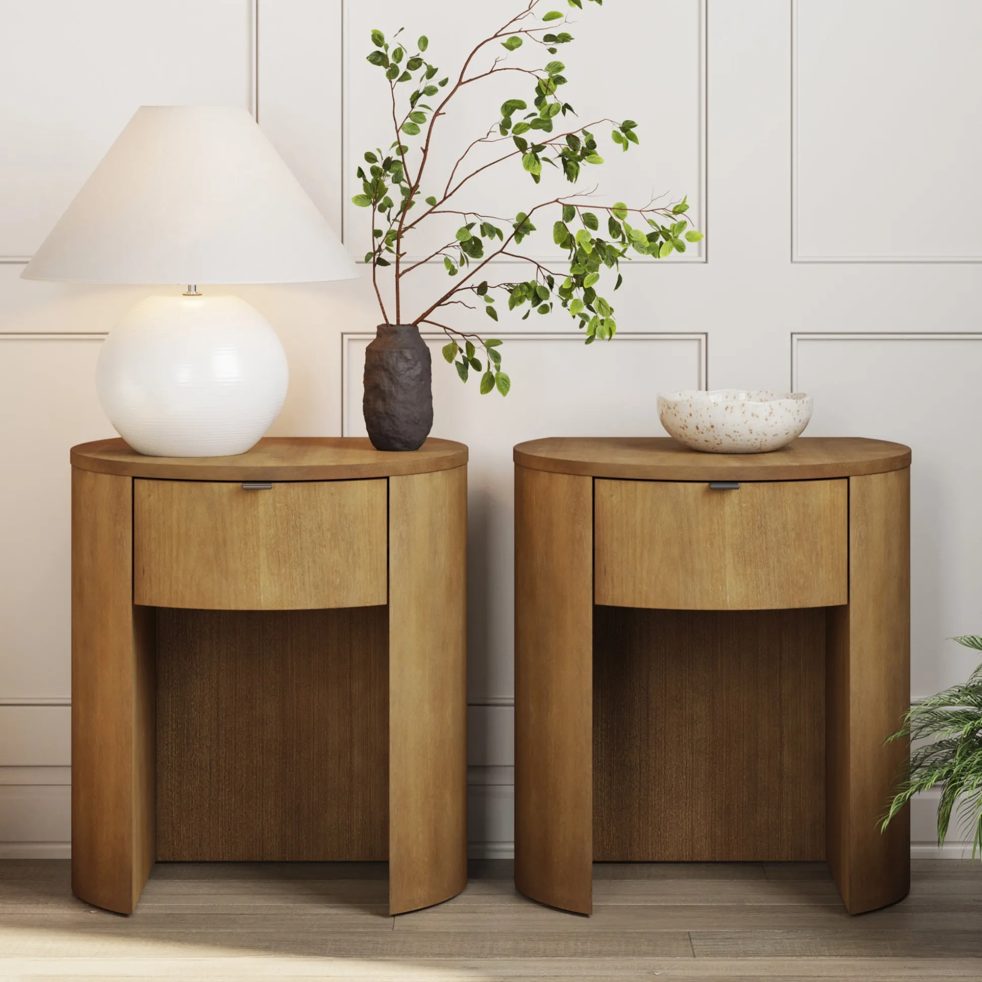 Modern Wood Curved Nightstand with Drawer Light Brown (Set of 2)