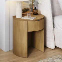 Modern Wood Curved Nightstand with Drawer Light Brown