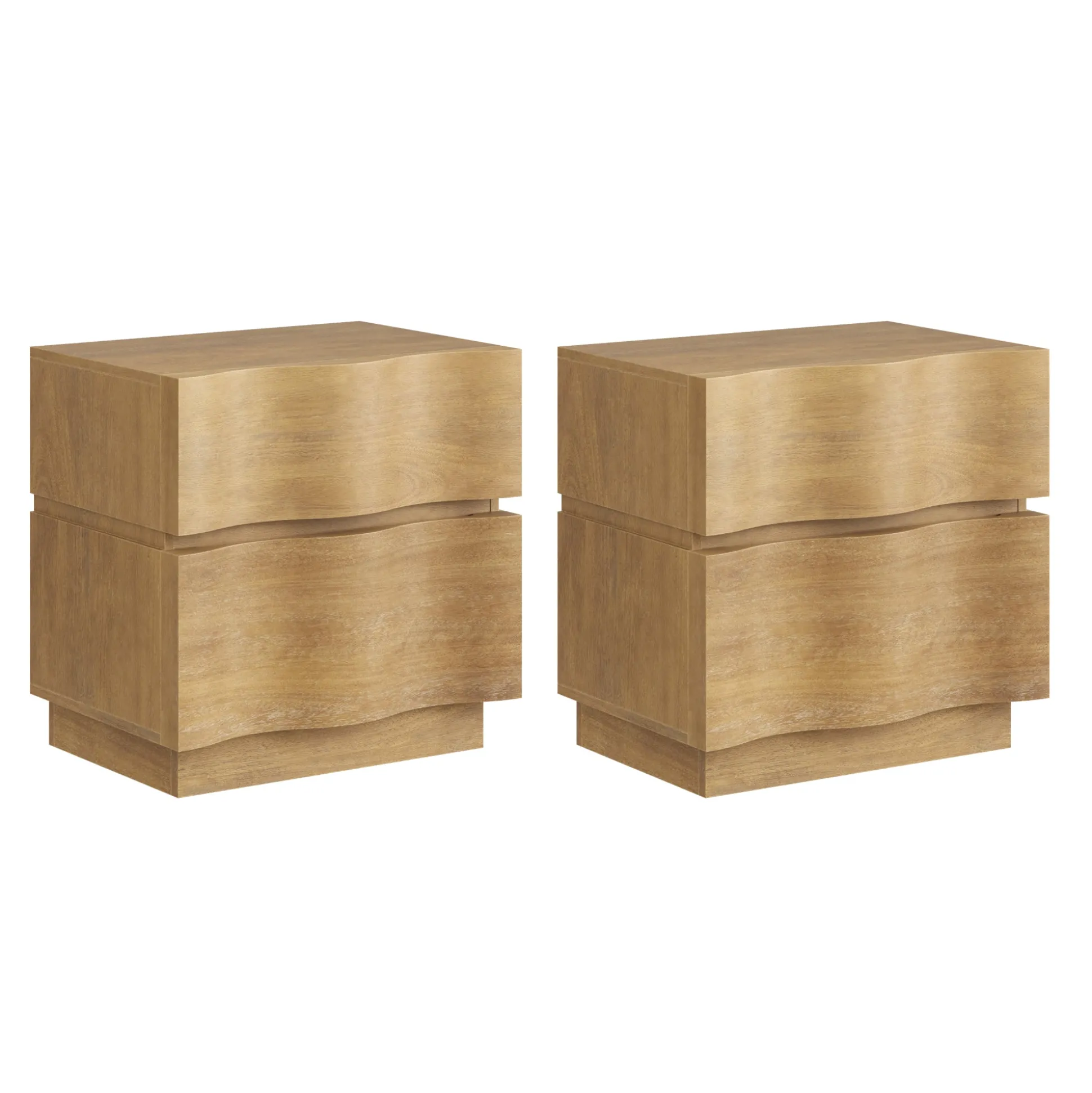Modern Wood 2-Drawer Nightstand with Wavy Fronts Light Brown (Set of 2)