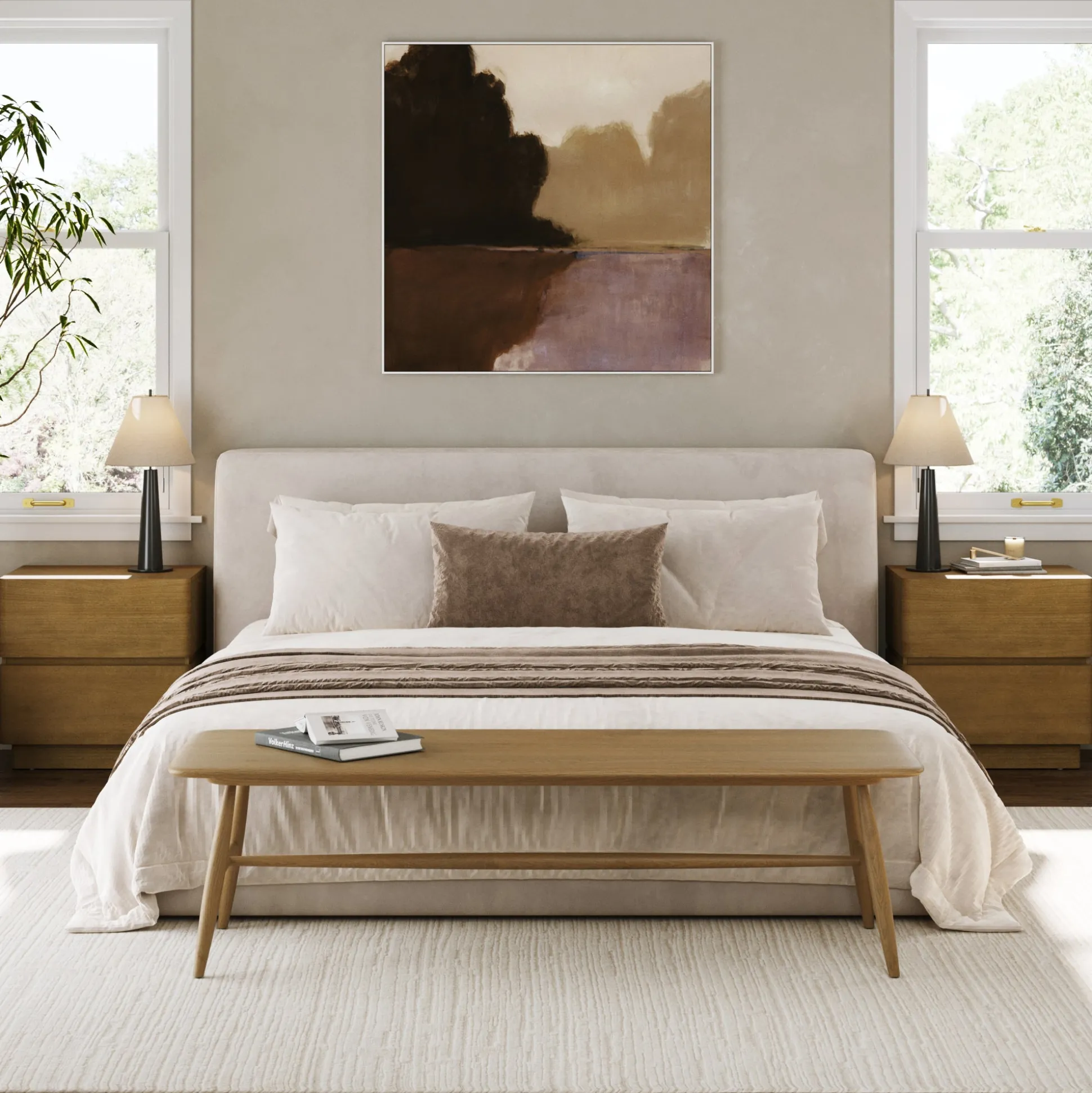 Modern Wood 2 Drawer Nightstand with Rounded Edges Light Brown