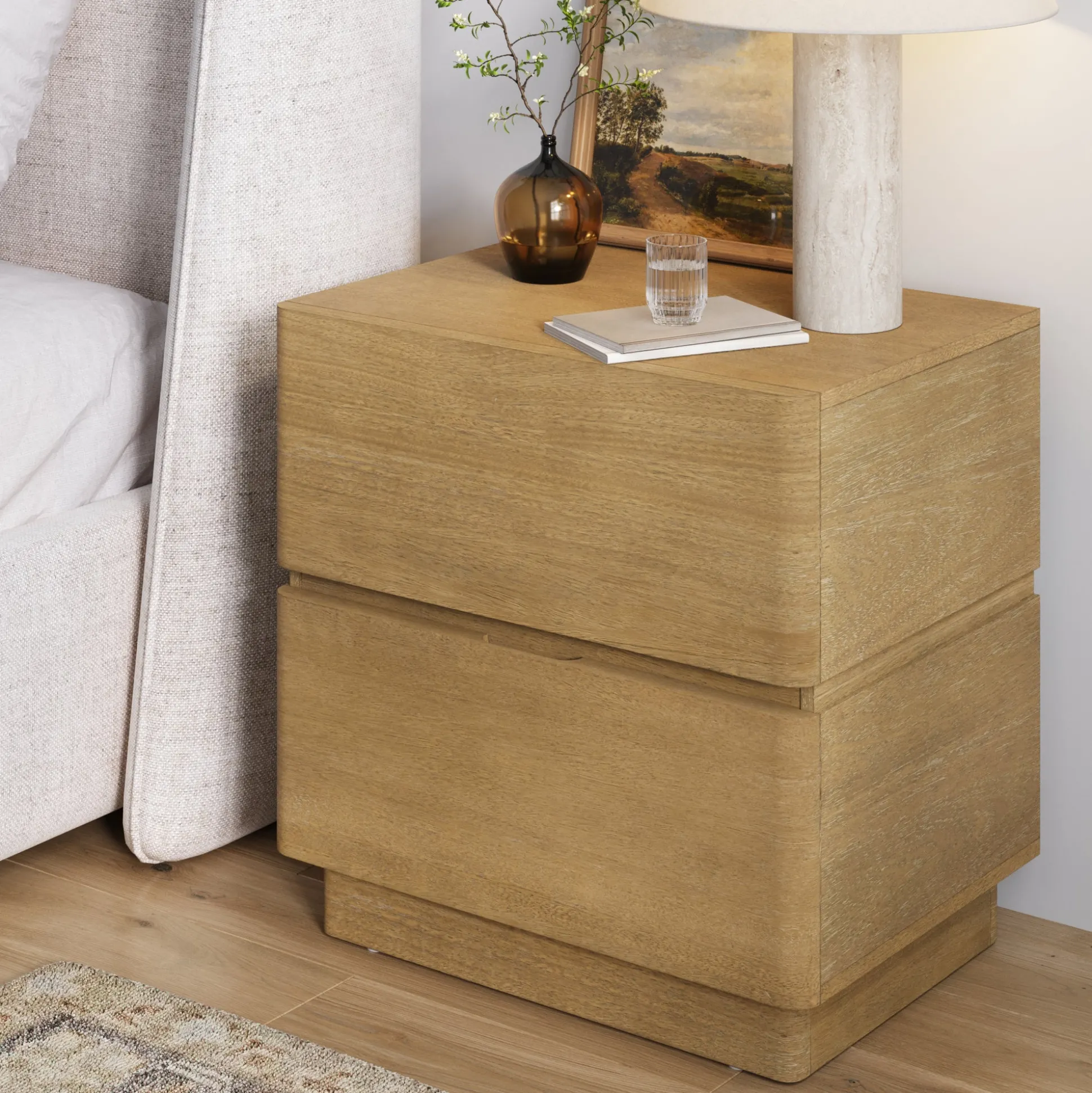 Modern Wood 2 Drawer Nightstand with Rounded Edges Light Brown