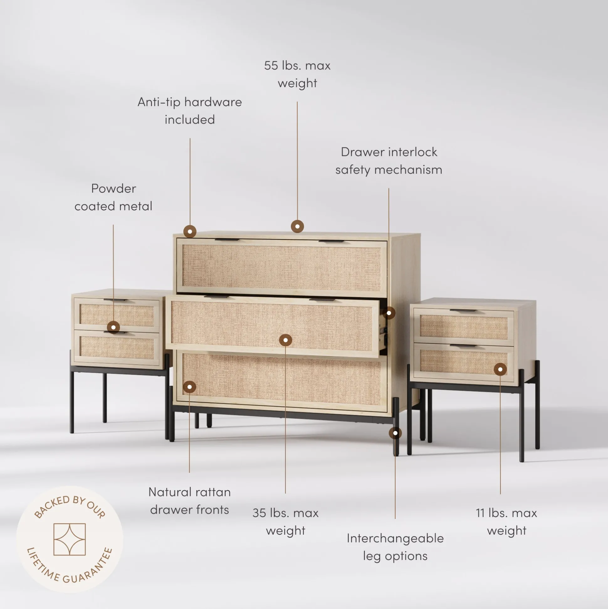Oak Rattan Nightstand and Dresser Set with Drawers