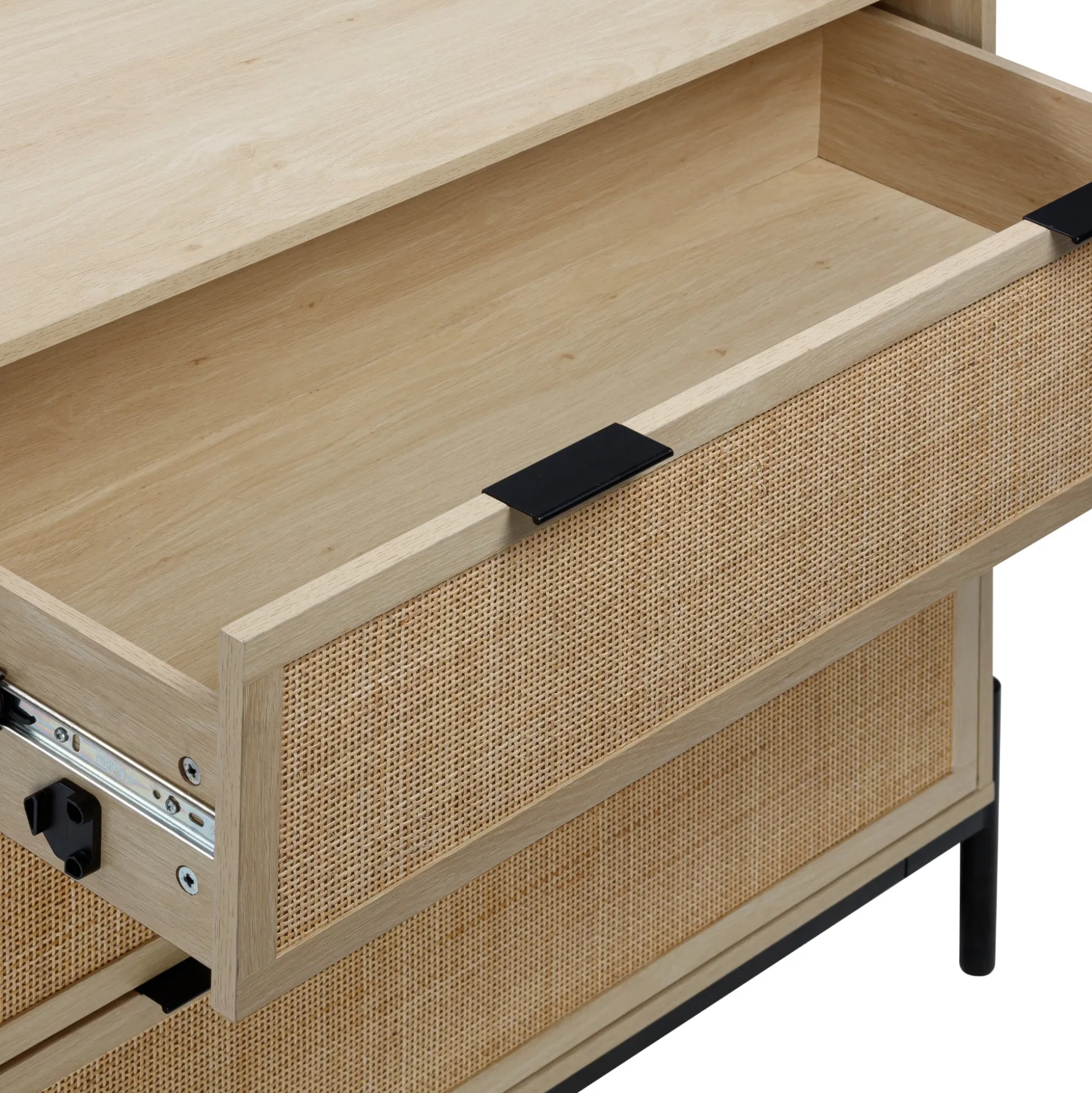 Oak Rattan Nightstand and Dresser Set with Drawers