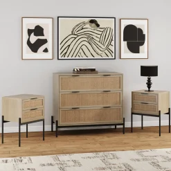 Oak Rattan Nightstand and Dresser Set with Drawers