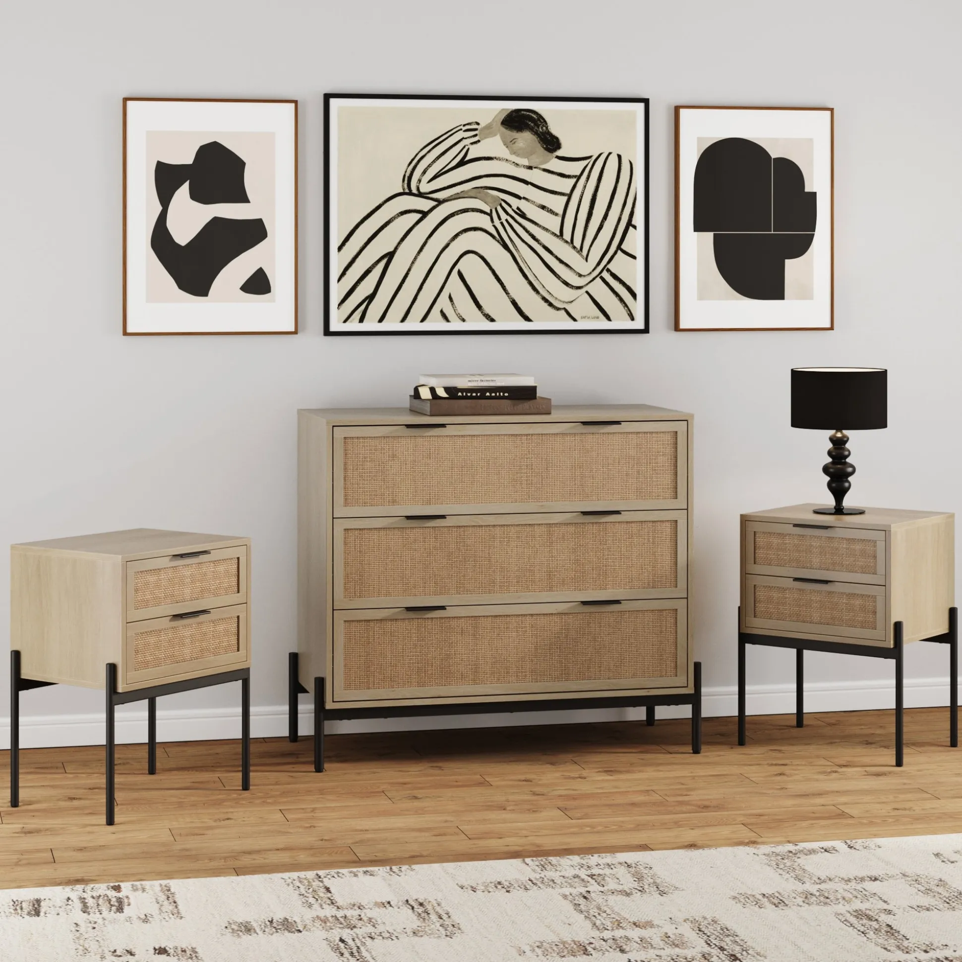 Oak Rattan Nightstand and Dresser Set with Drawers