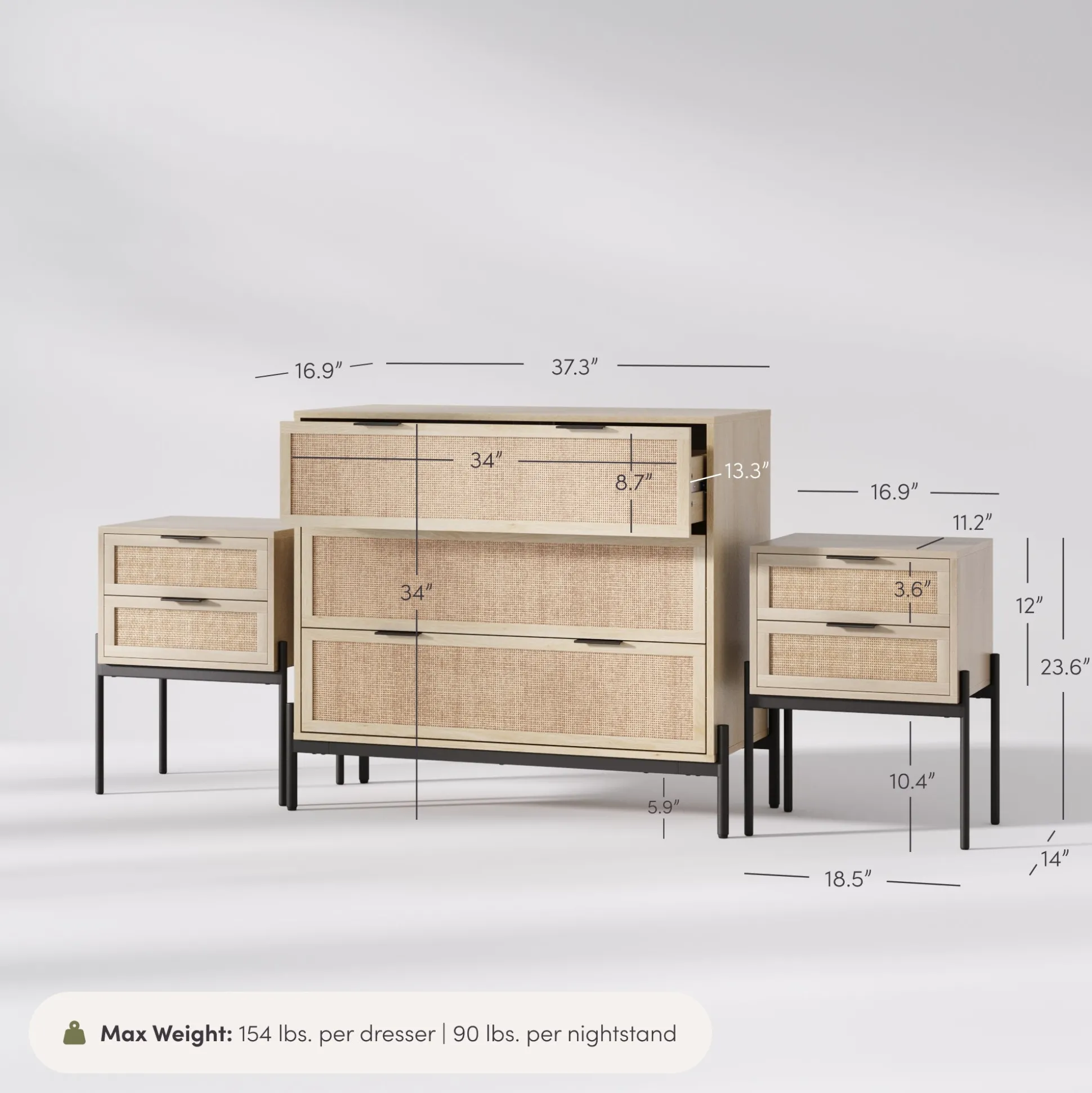 Oak Rattan Nightstand and Dresser Set with Drawers