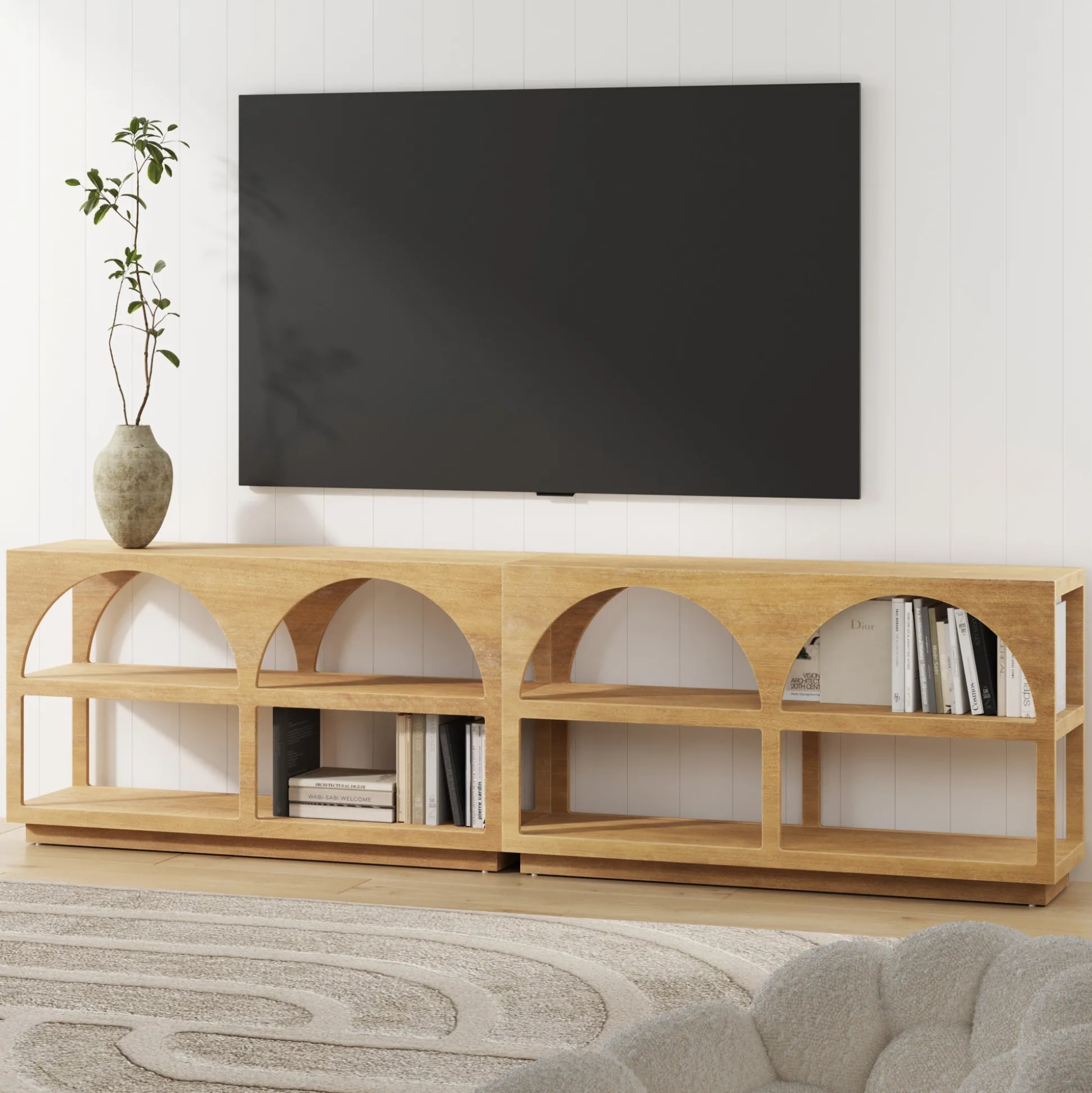 Organic Modern Wood Arched Open Shelf Storage Cabinet Light Brown (Set of 2)