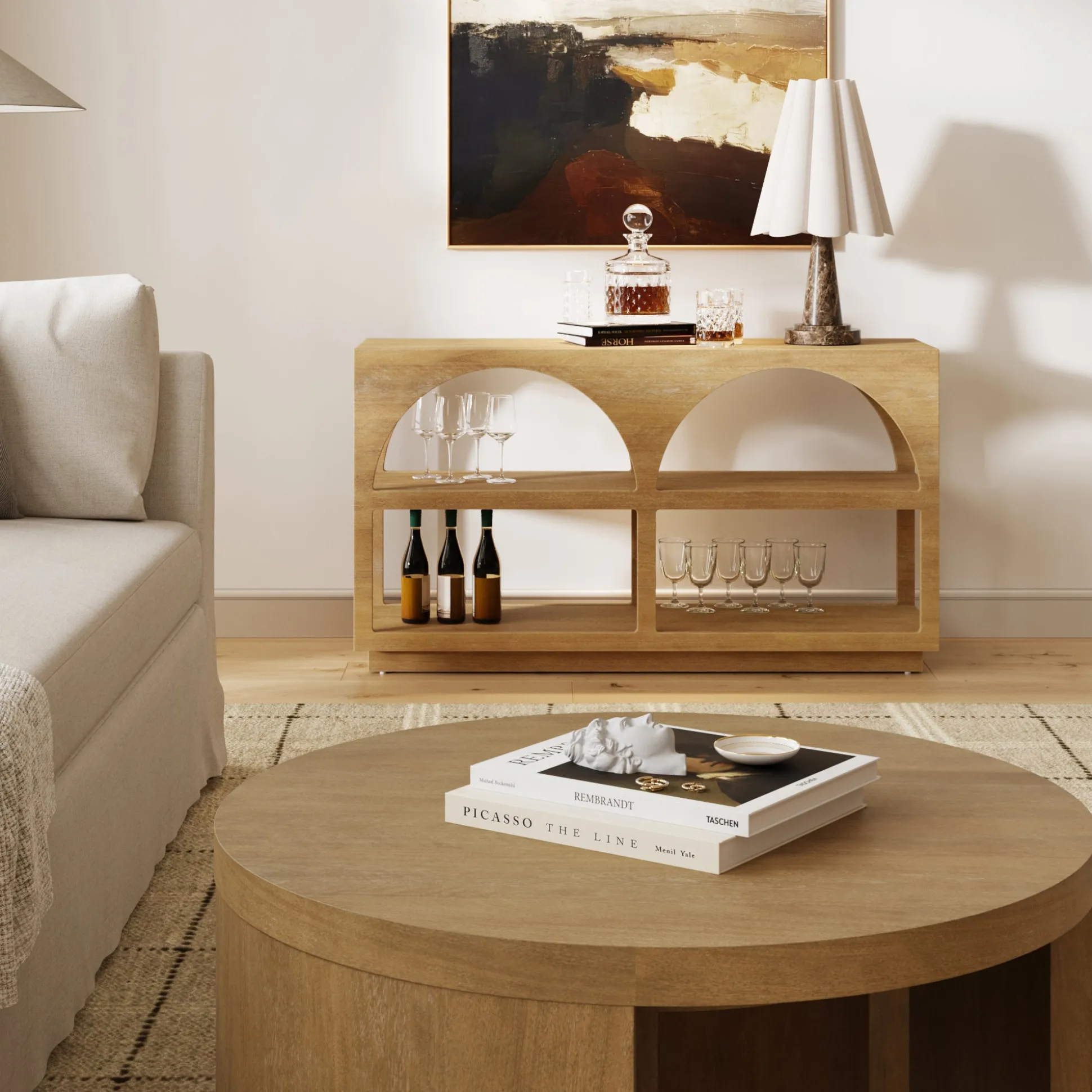 Organic Modern Wood Arched Open Shelf Storage Cabinet Light Brown