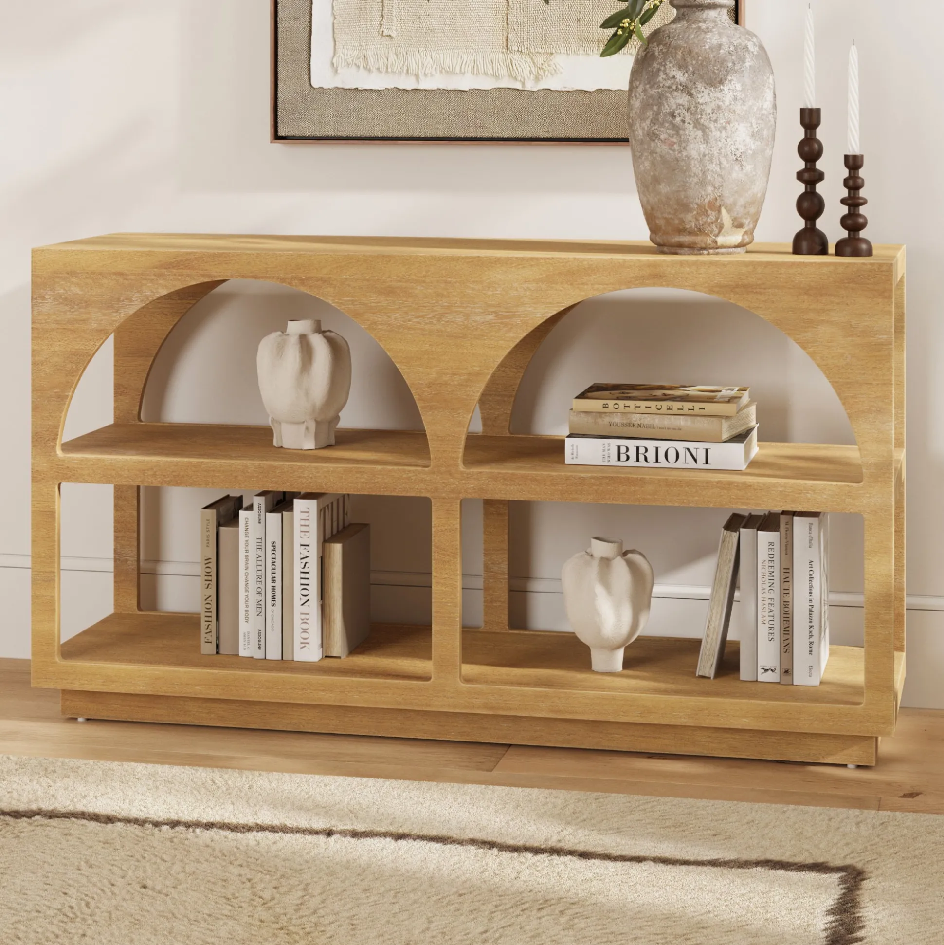Organic Modern Wood Arched Open Shelf Storage Cabinet Light Brown