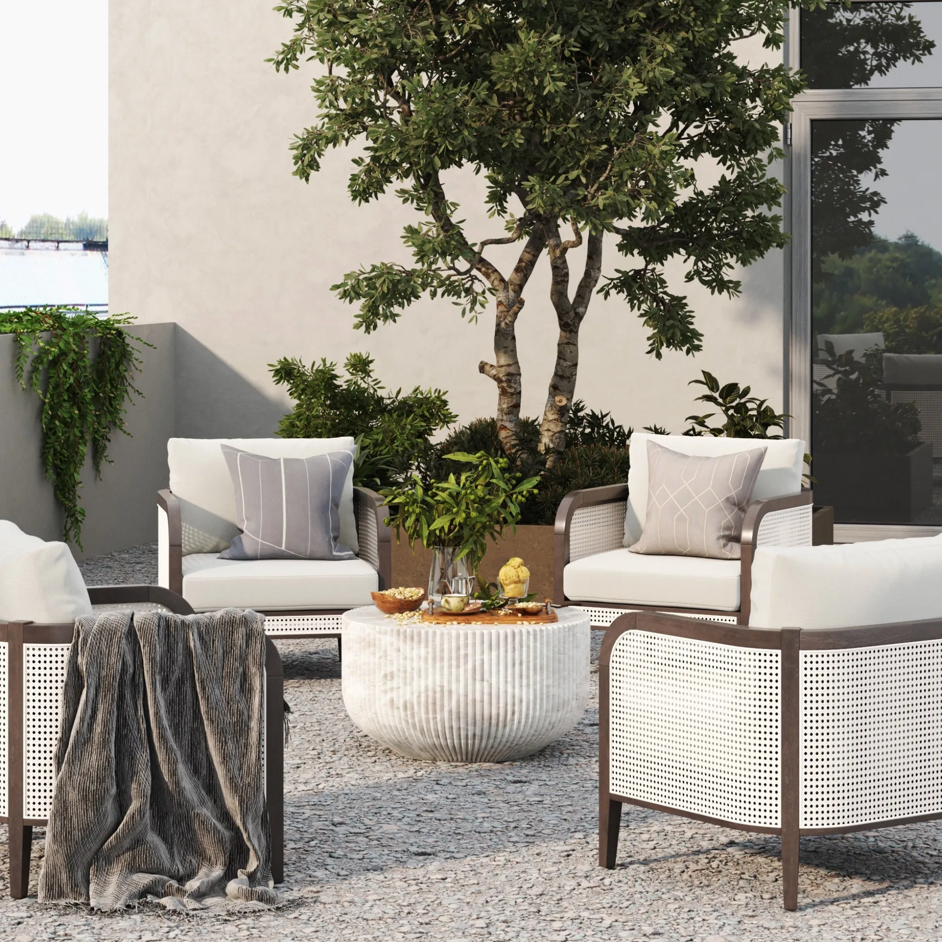 Outdoor Wood & Rattan Patio Arm Chairs Graphite (Set of 4)