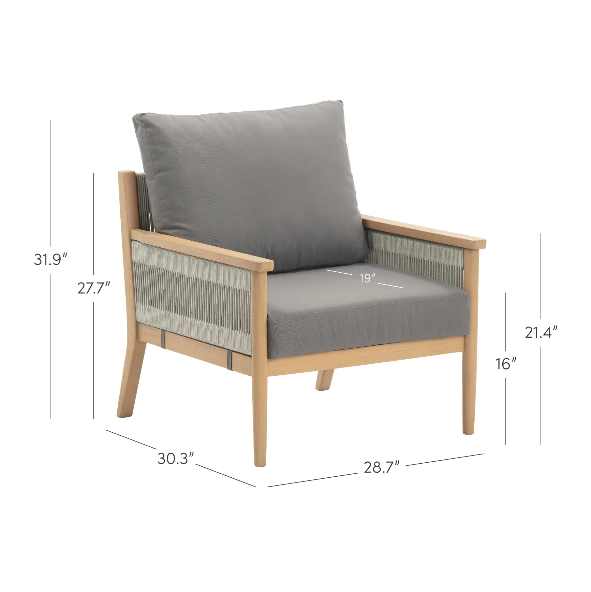 Outdoor Wood & Rope Patio Arm Chair Medium Gray