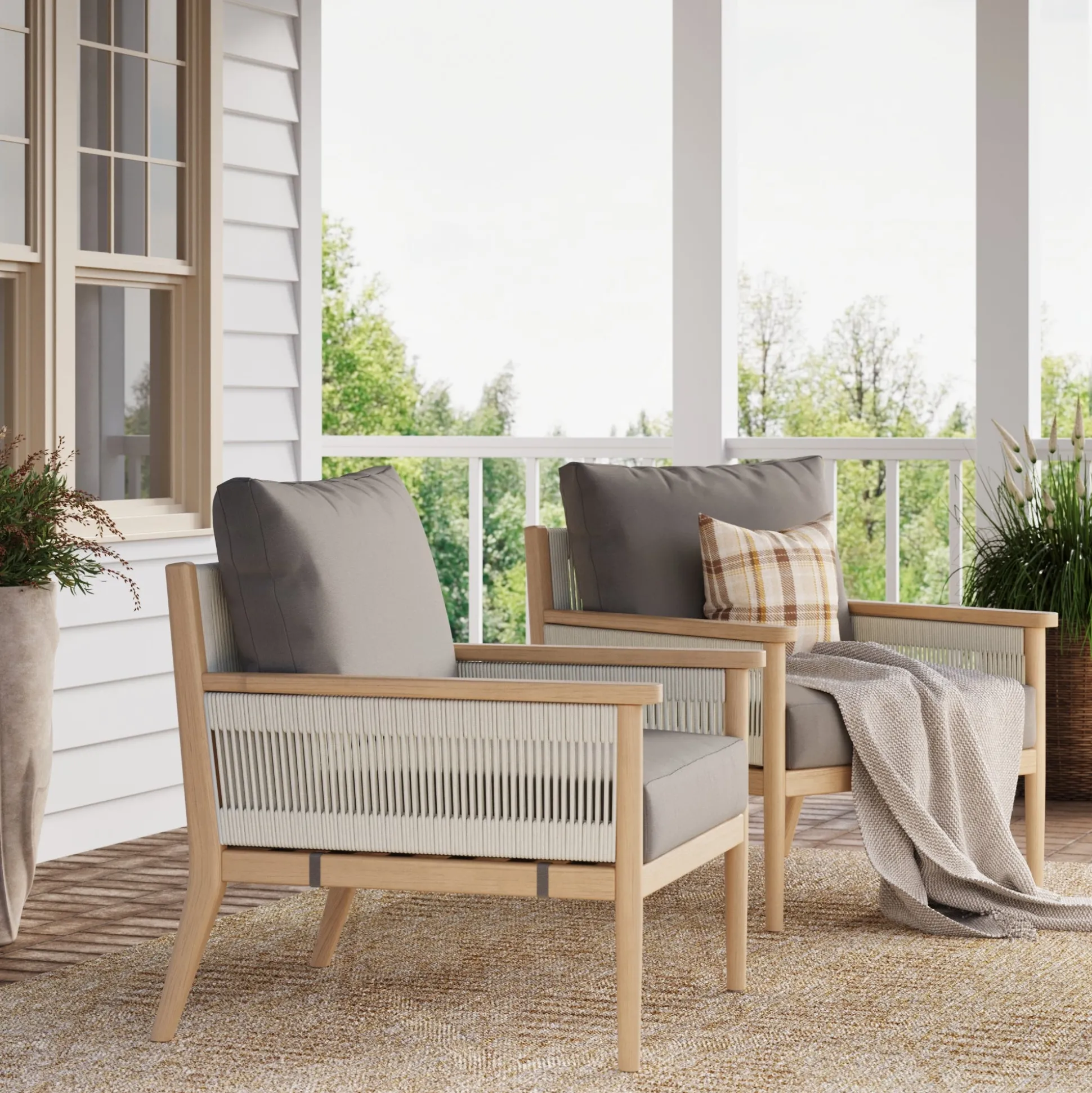 Outdoor Wood & Rope Patio Arm Chair Medium Gray