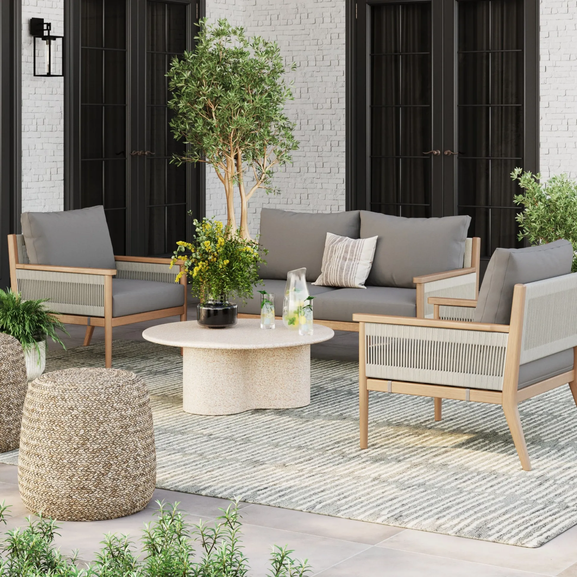 Outdoor Wood & Rope Patio Arm Chair Medium Gray